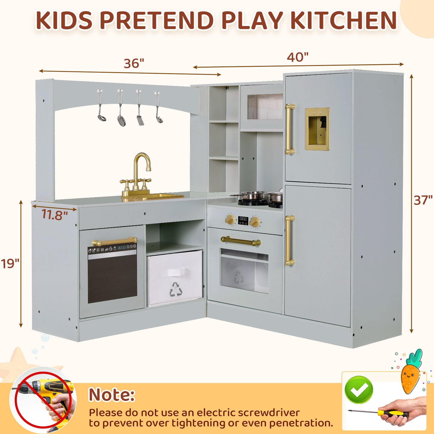 LAZY BUDDY Corner Wooden Play Kitchen w/ Lights & Sounds, Large Toodler Cooking Playset, Pretend Play Kitchen Toy Gift for Ages 3+