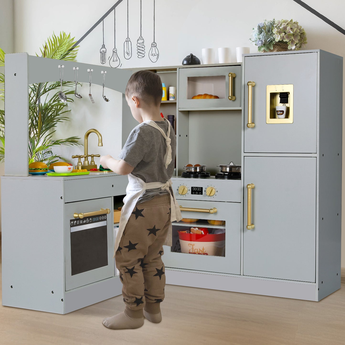 LAZY BUDDY Corner Wooden Play Kitchen w/ Lights & Sounds, Large Toodler Cooking Playset, Pretend Play Kitchen Toy Gift for Ages 3+