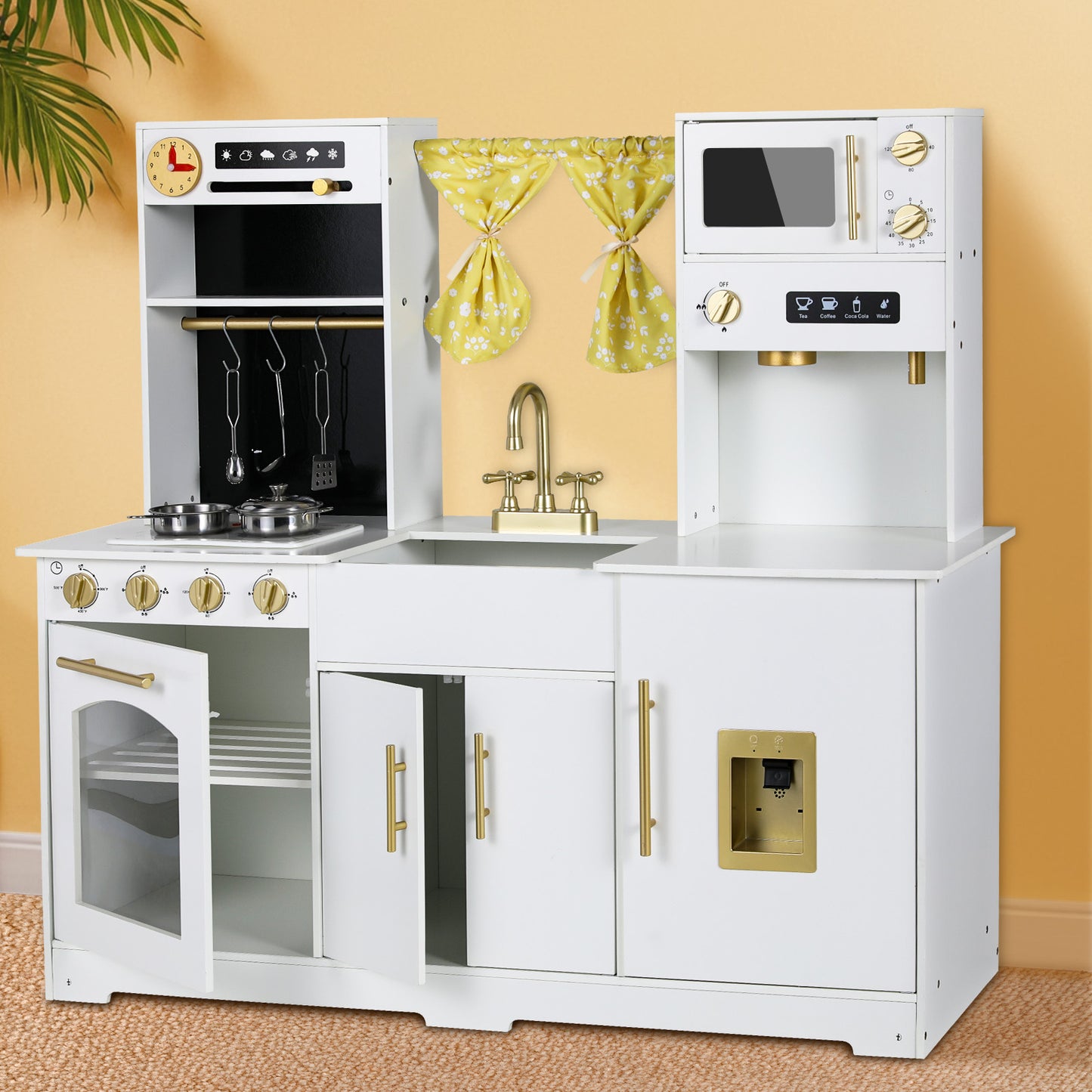 LAZY BUDDY Toddler Play Kitchen, Wooden Kids Kitchen Playset w/Stove, Sink, Microwave, Water Dispenser, Curtain, Gift for Ages 3+