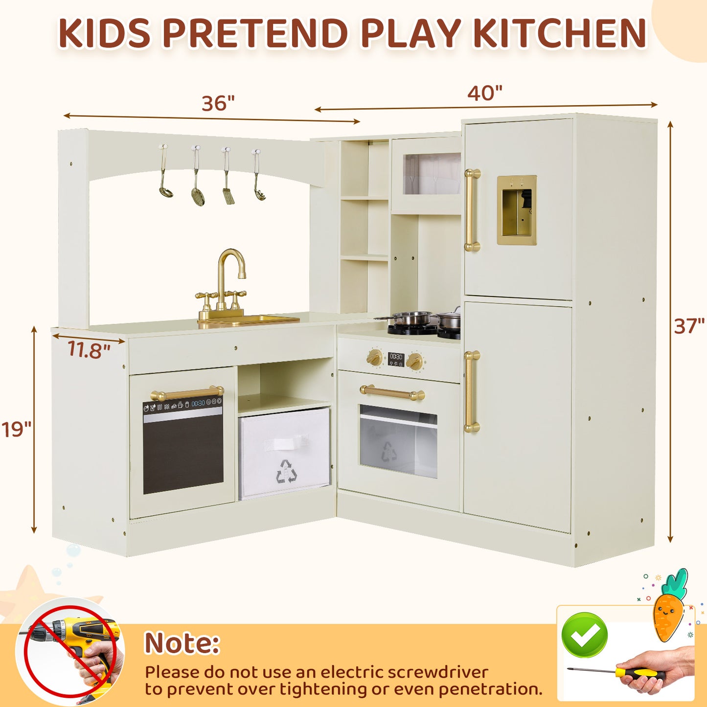LAZY BUDDY Corner Wooden Play Kitchen w/ Lights & Sounds, Large Toodler Cooking Playset, Pretend Play Kitchen Toy Gift for Ages 3+