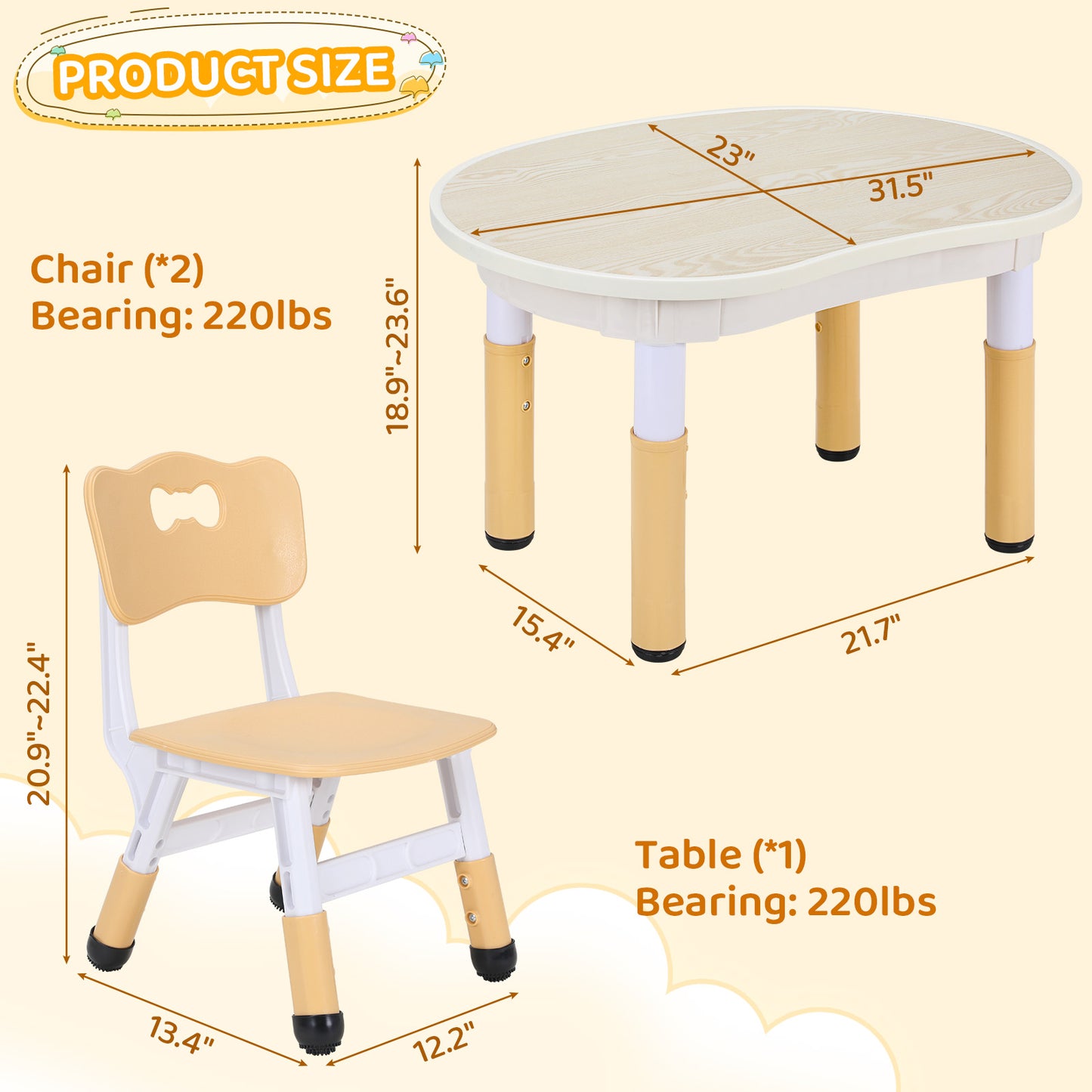 LAZY BUDDY Kids Table and 2 Chairs Set, Height Adjustable Plastic Children Arts & Crafts Desk for Ages 3-8, Cute Peanut Shape Graffiti Desktop