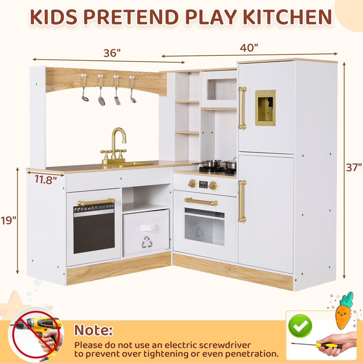 LAZY BUDDY Corner Wooden Play Kitchen w/ Lights & Sounds, Large Toodler Cooking Playset, Pretend Play Kitchen Toy Gift for Ages 3+