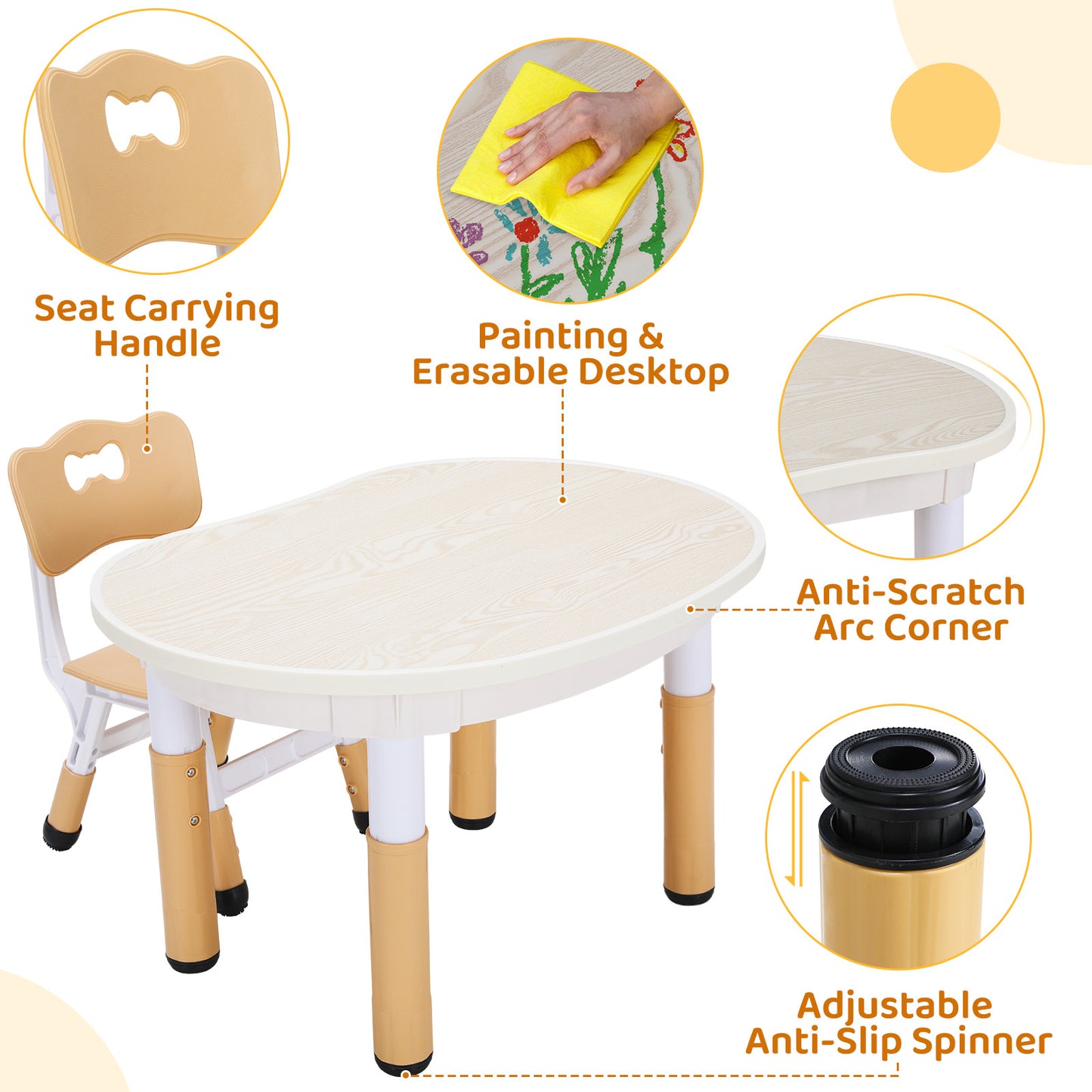 LAZY BUDDY Kids Table and 2 Chairs Set, Height Adjustable Plastic Children Arts & Crafts Desk for Ages 3-8, Cute Peanut Shape Graffiti Desktop
