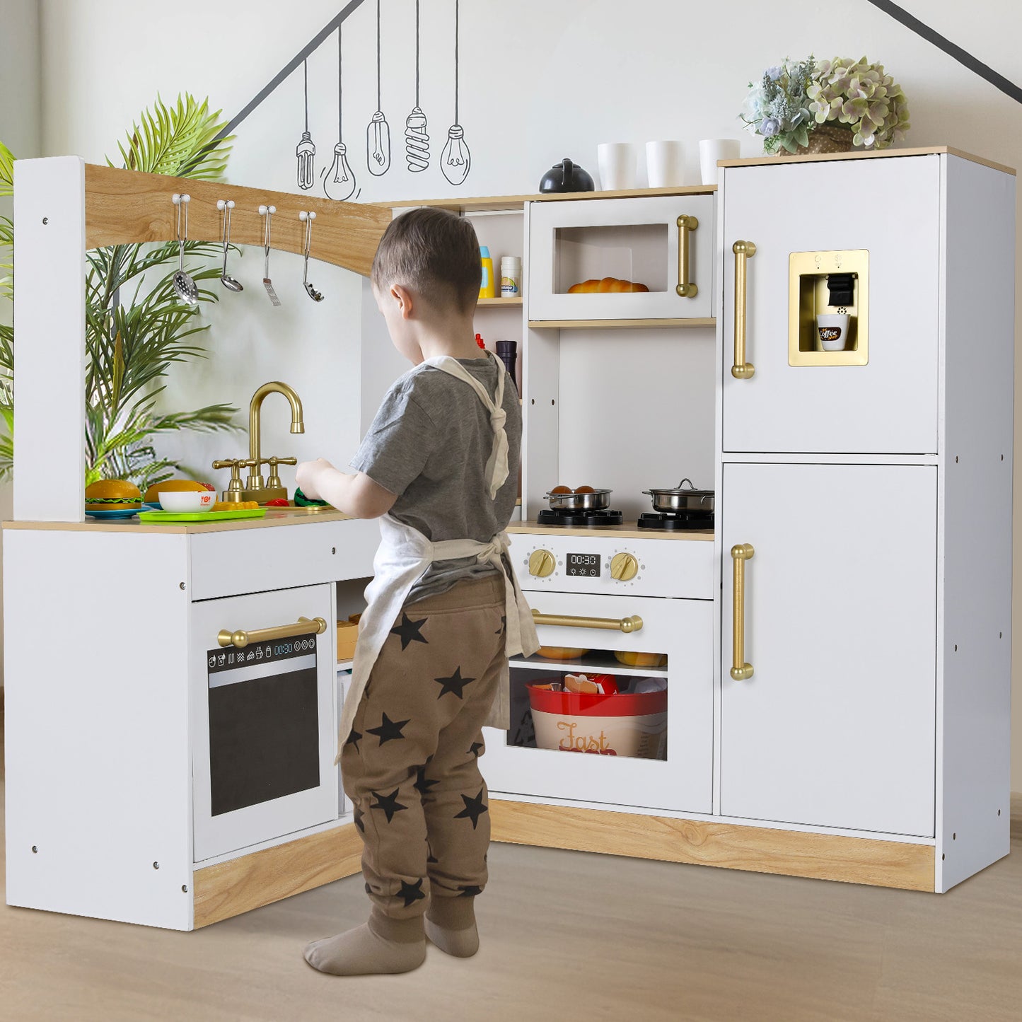 LAZY BUDDY Corner Wooden Play Kitchen w/ Lights & Sounds, Large Toodler Cooking Playset, Pretend Play Kitchen Toy Gift for Ages 3+