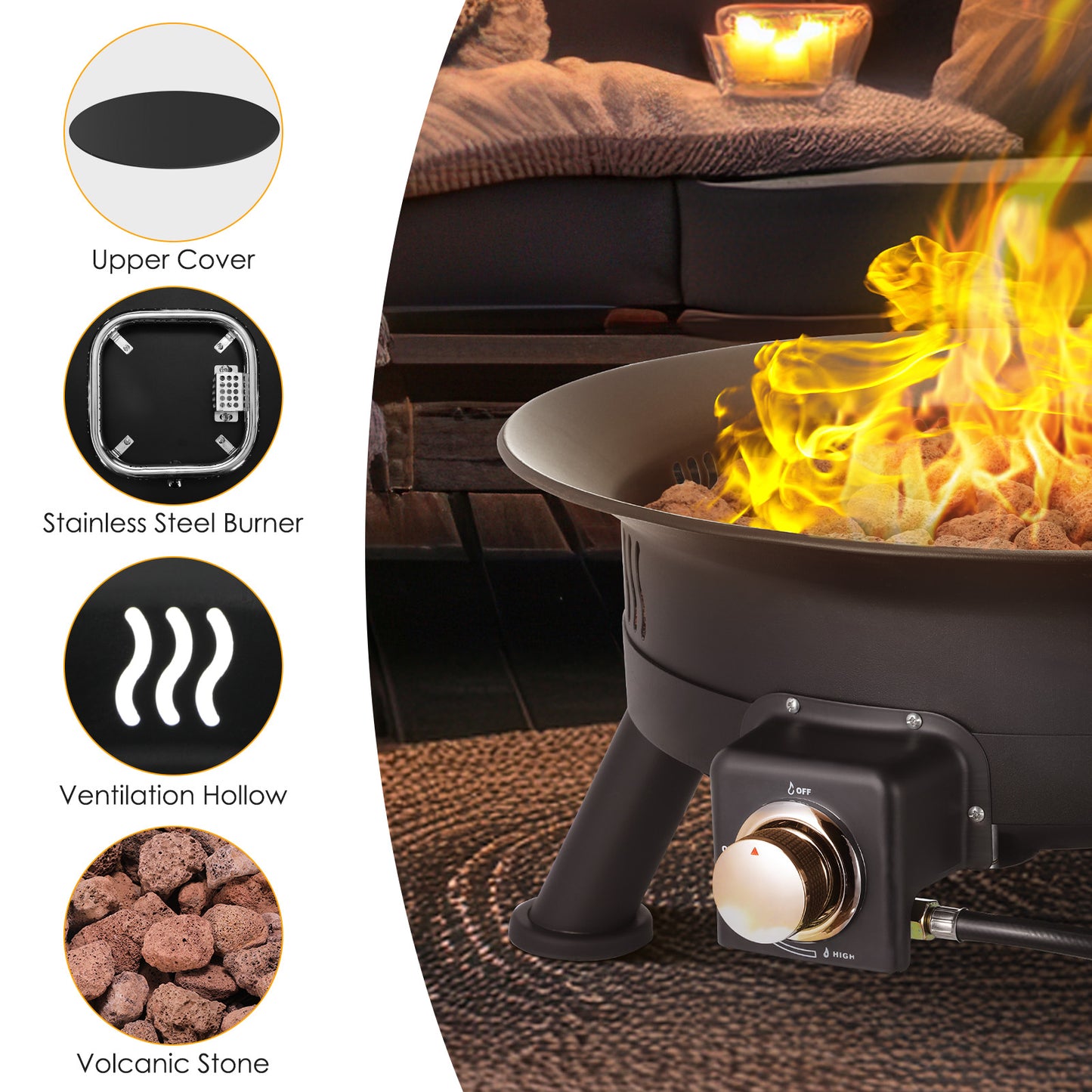 LAZY BUDDY Large Portable Propane Outdoor Gas Fire Pit 24 Inch W/ Cover & Lava Rocks 58,000 BTU