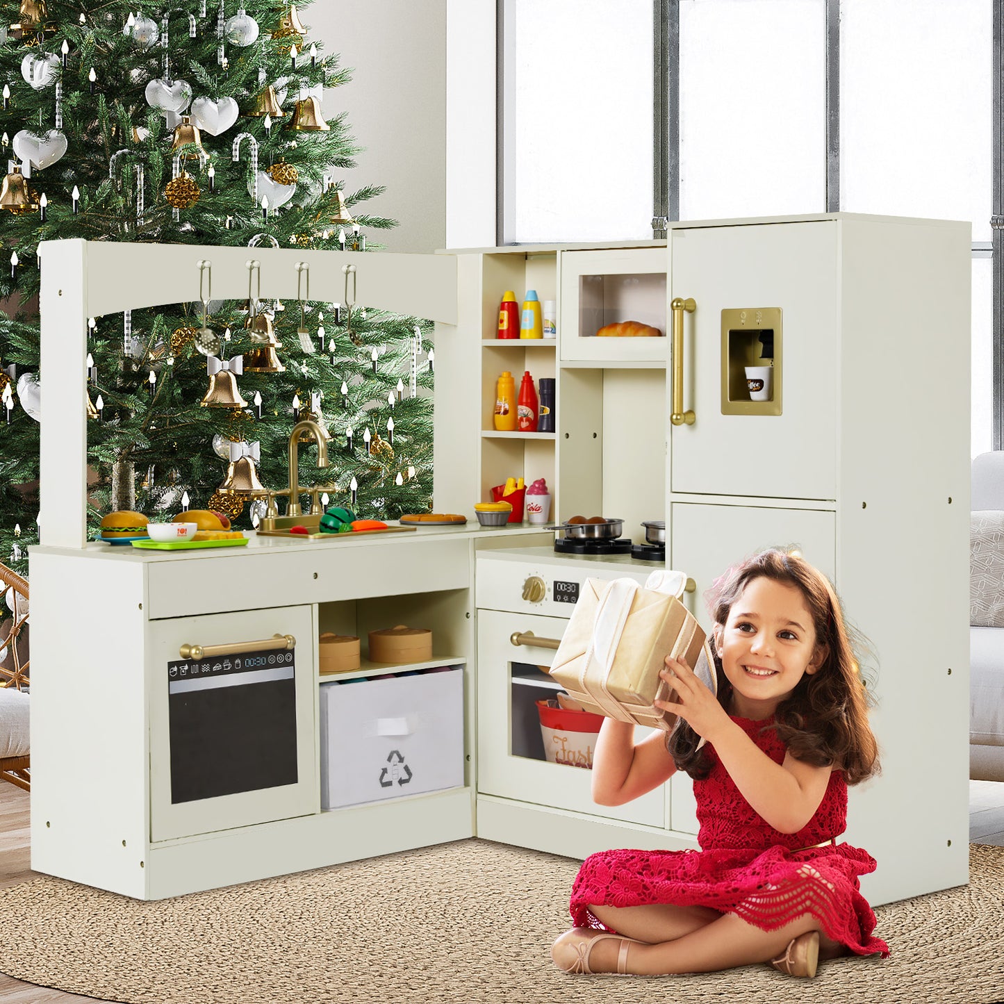 LAZY BUDDY Corner Wooden Play Kitchen w/ Lights & Sounds, Large Toodler Cooking Playset, Pretend Play Kitchen Toy Gift for Ages 3+