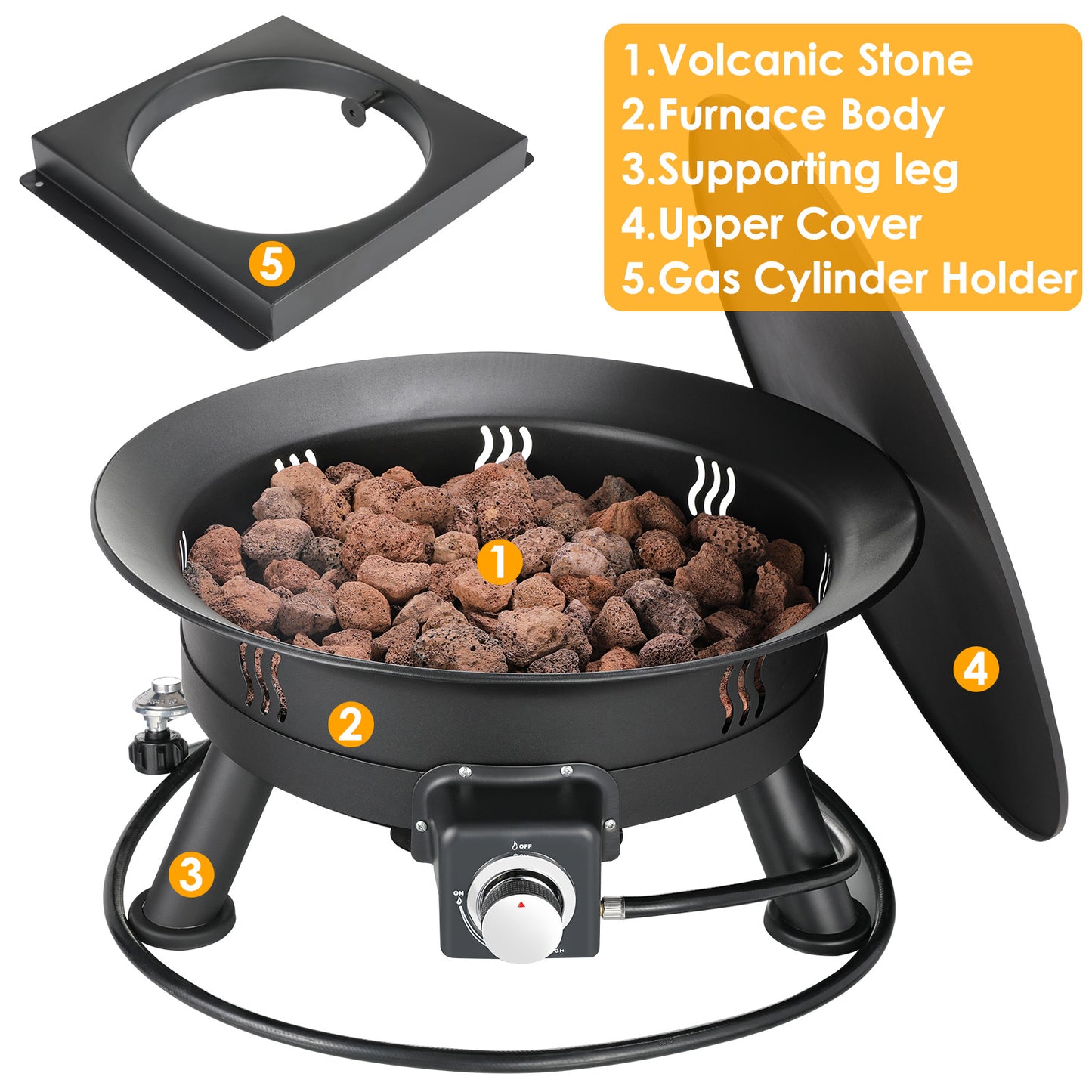 LAZY BUDDY Large Portable Propane Outdoor Gas Fire Pit 24 Inch W/ Cover & Lava Rocks 58,000 BTU