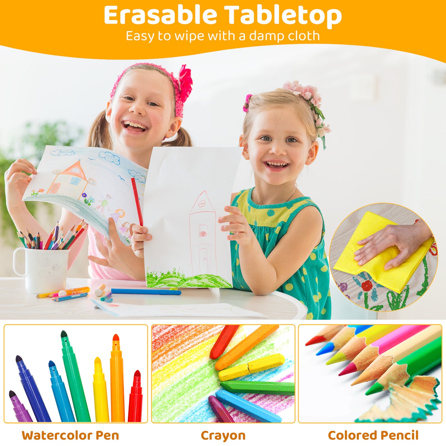 LAZY BUDDY Kids Table and 2 Chairs Set, Height Adjustable Plastic Children Arts & Crafts Desk for Ages 3-8, Cute Peanut Shape Graffiti Desktop