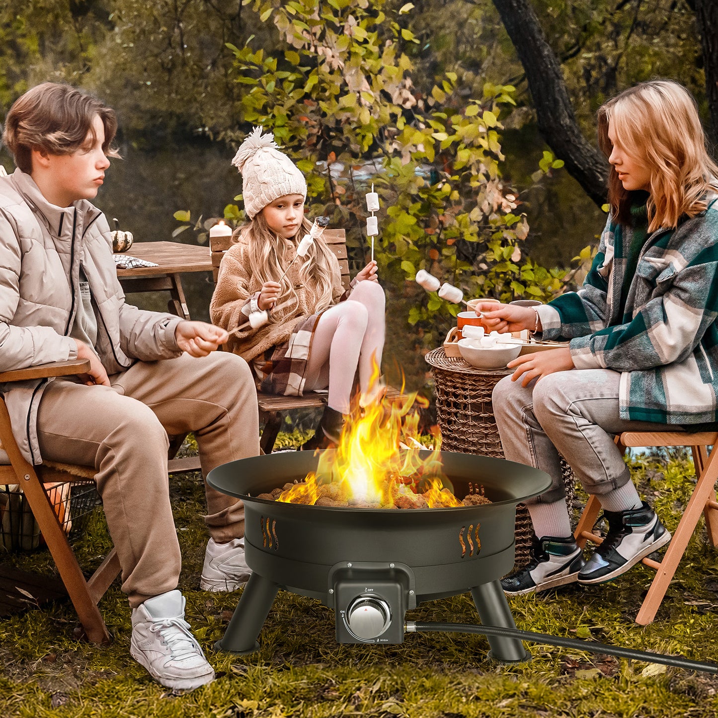 LAZY BUDDY Large Portable Propane Outdoor Gas Fire Pit 24 Inch W/ Cover & Lava Rocks 58,000 BTU