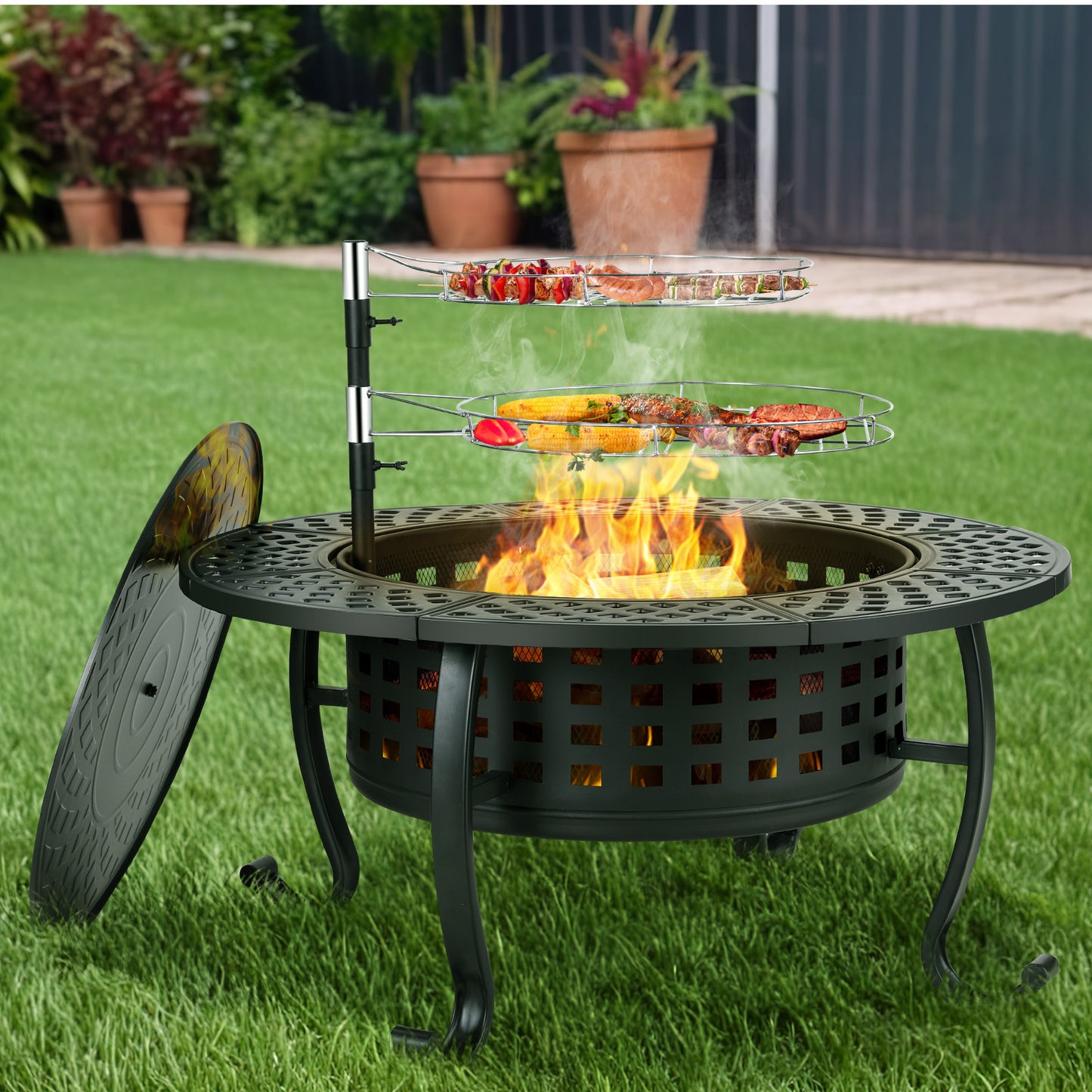 LAZY BUDDY Metal Fire Pits for Outdoor, 37'' Round Wood Burning Fire Pit Table with 2 Removable 360 Degree Swivel Cooking Grills, Lid and Fire Poker, for Outside Patio BBQ Firepit Bonfire Party