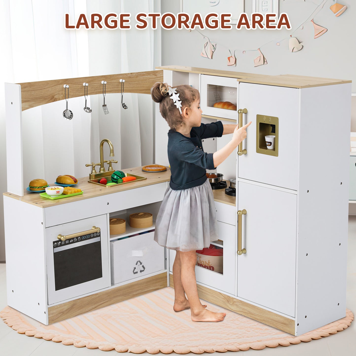 LAZY BUDDY Corner Wooden Play Kitchen w/ Lights & Sounds, Large Toodler Cooking Playset, Pretend Play Kitchen Toy Gift for Ages 3+