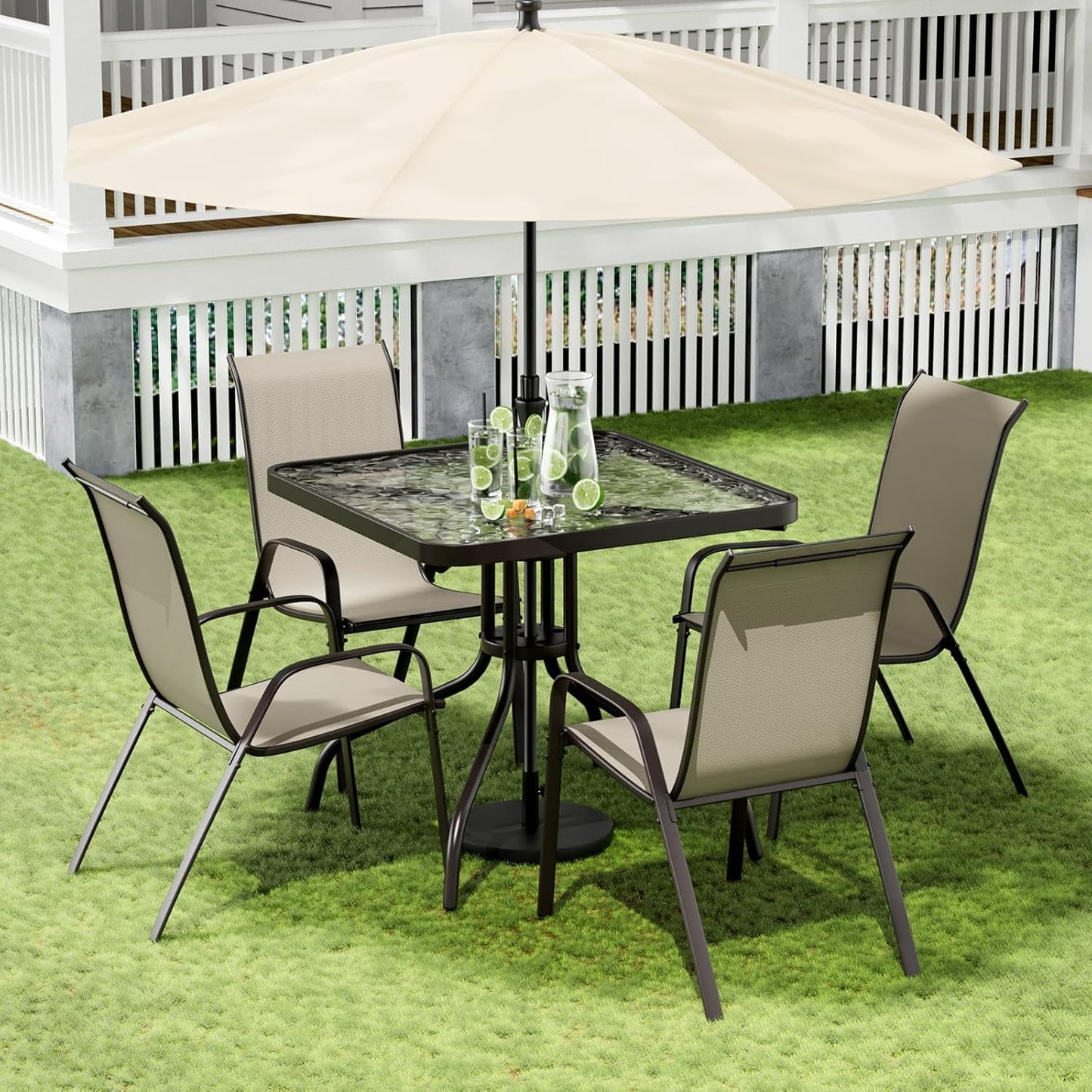 LAZY BUDDY 5-Piece Patio Dining Set, All Weather Outdoor Table with 4 Stackable Chairs for Garden Backyard Deck
