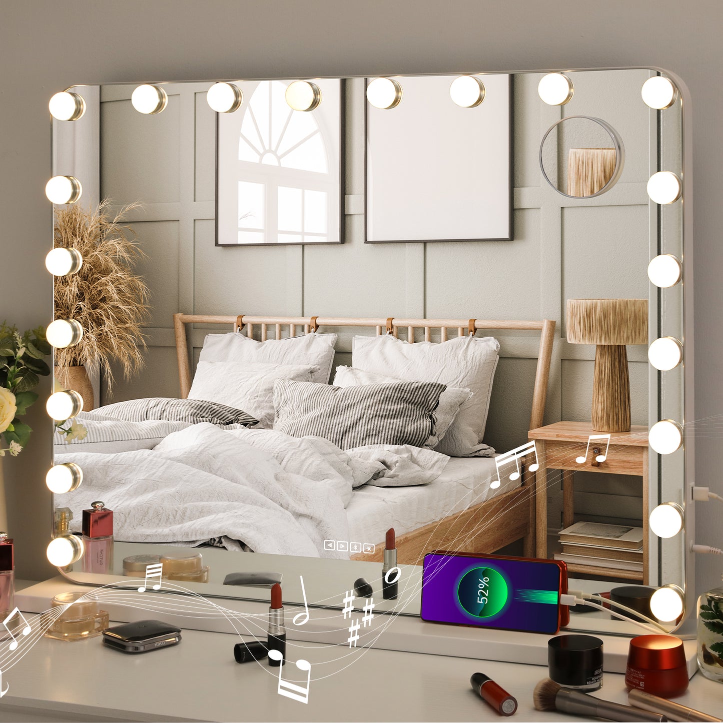 LAZY BUDDY Hollywood Vanity Makeup Mirror with 3 Color Lights, USB Charging, Tabletop or Wall-Mounted