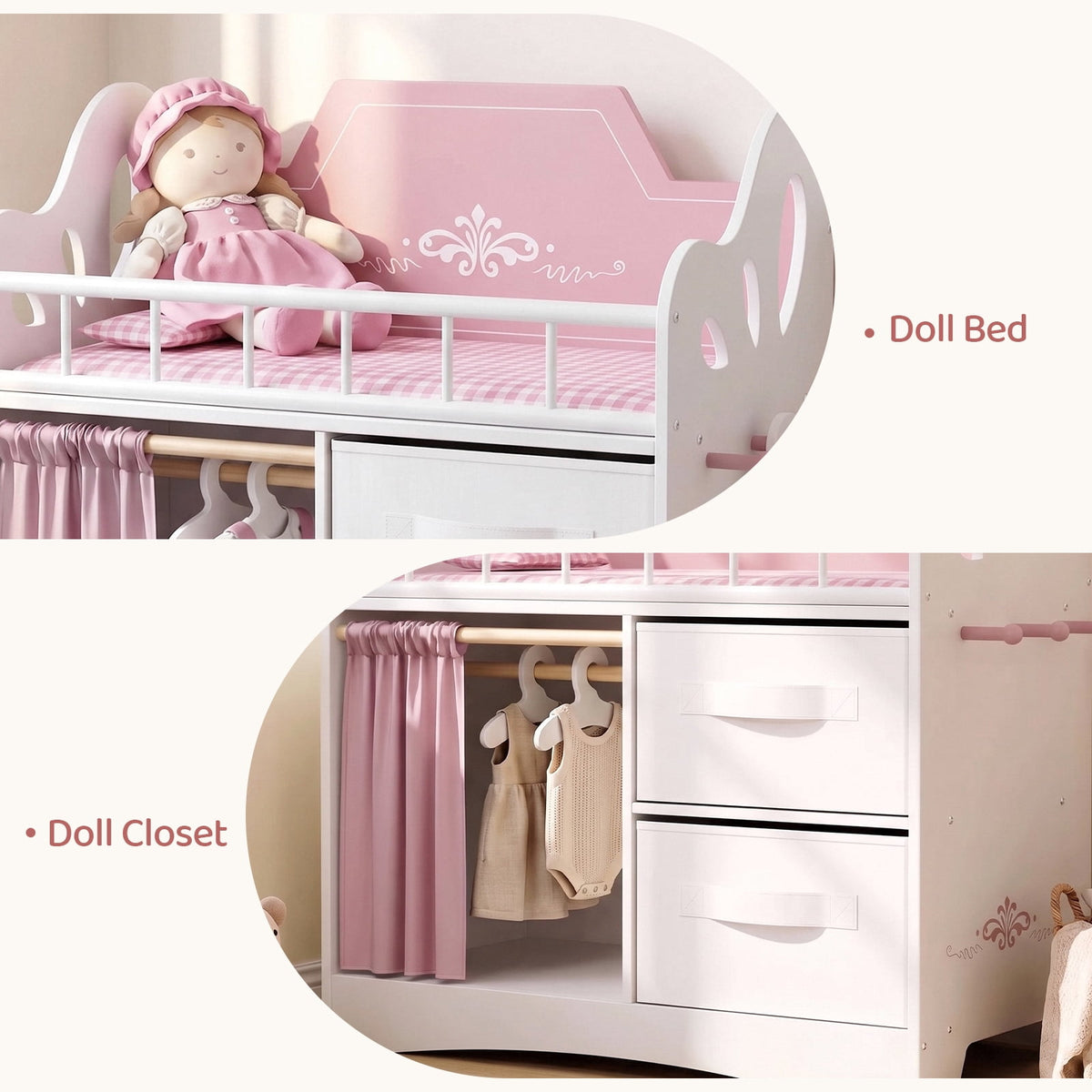 LAZY BUDDY Baby Doll Cirb, Wooden Doll Bed with 2 Storage Drawers, 2 Hangers, Pillow & Sheet