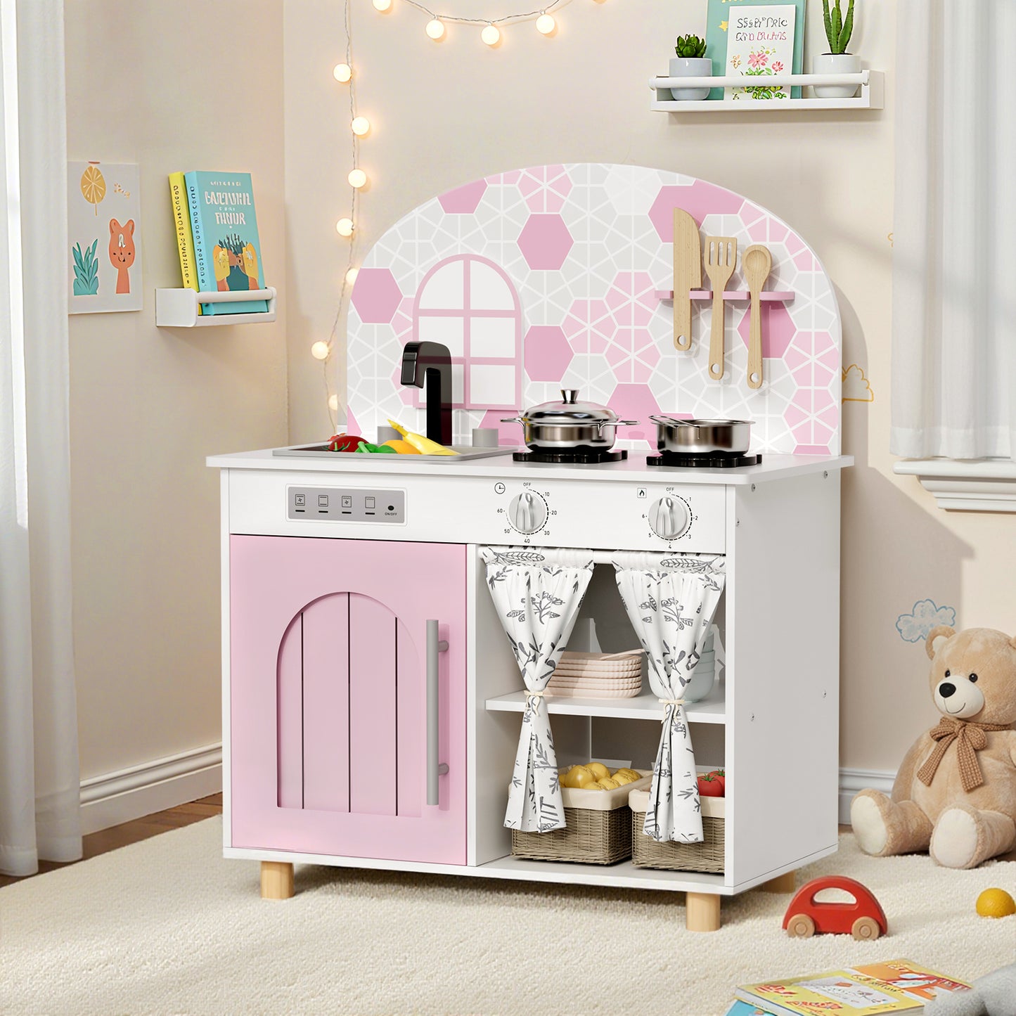 LAZY BUDDY Kids Kitchen Playset, Wooden Pretend Play Kitchen Toddler Interactive Toy with 5 Accessories