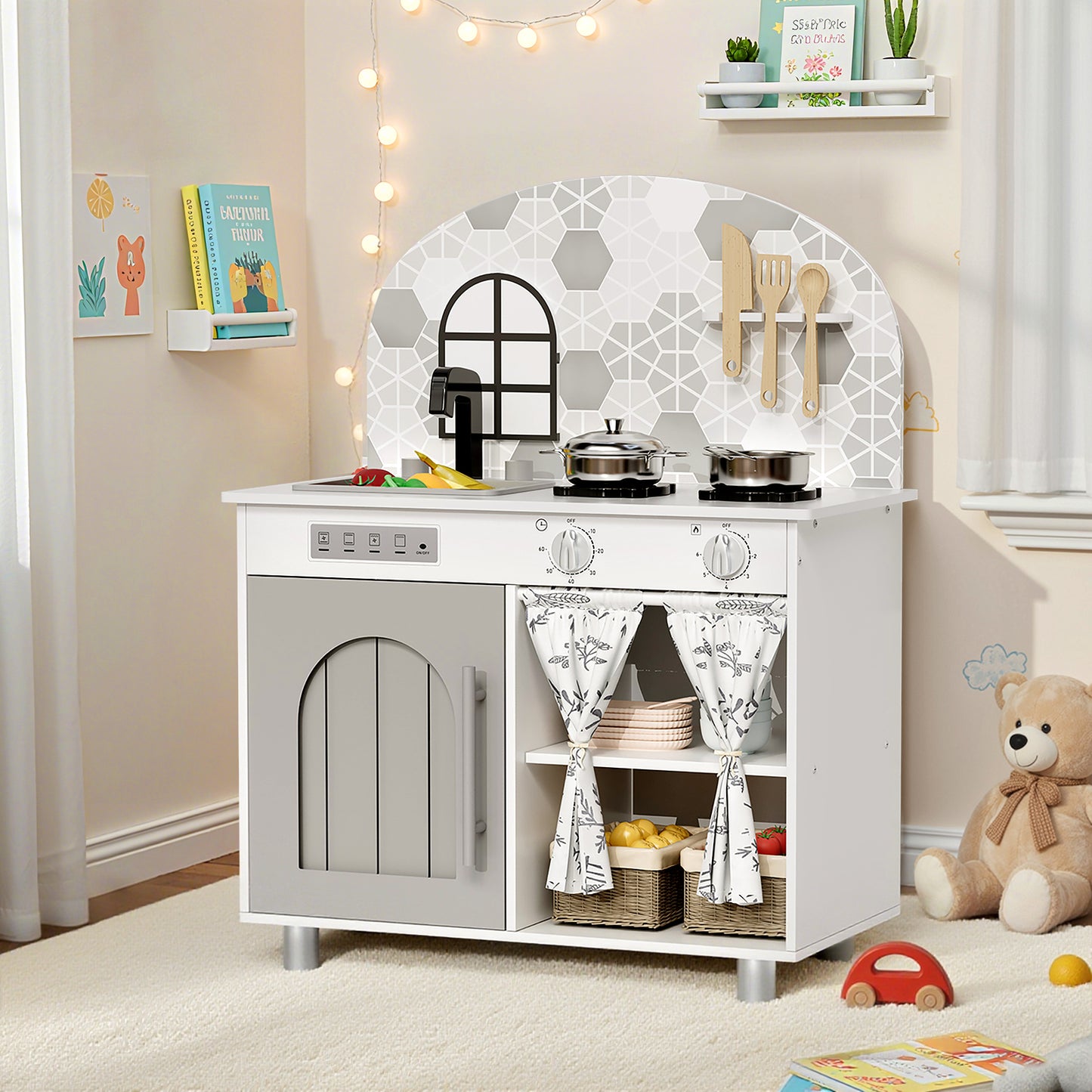 LAZY BUDDY Kids Kitchen Playset, Wooden Pretend Play Kitchen Toddler Interactive Toy with 5 Accessories