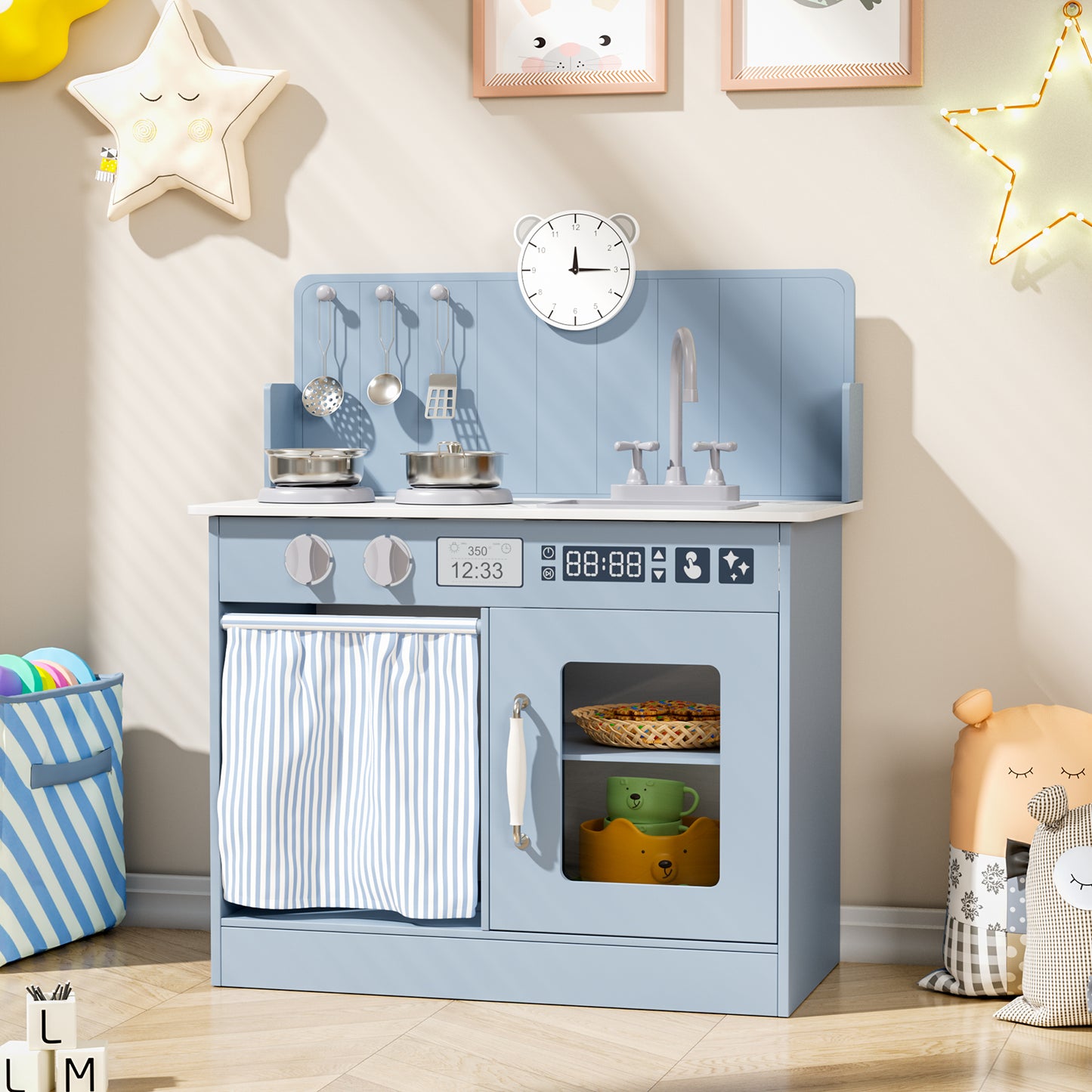 LAZY BUDDY Kids Play Kitchen, Wooden Kitchen Playset for Toddlers Interactive Pretend Play Toy with Clicking Knobs, Sink & Clock