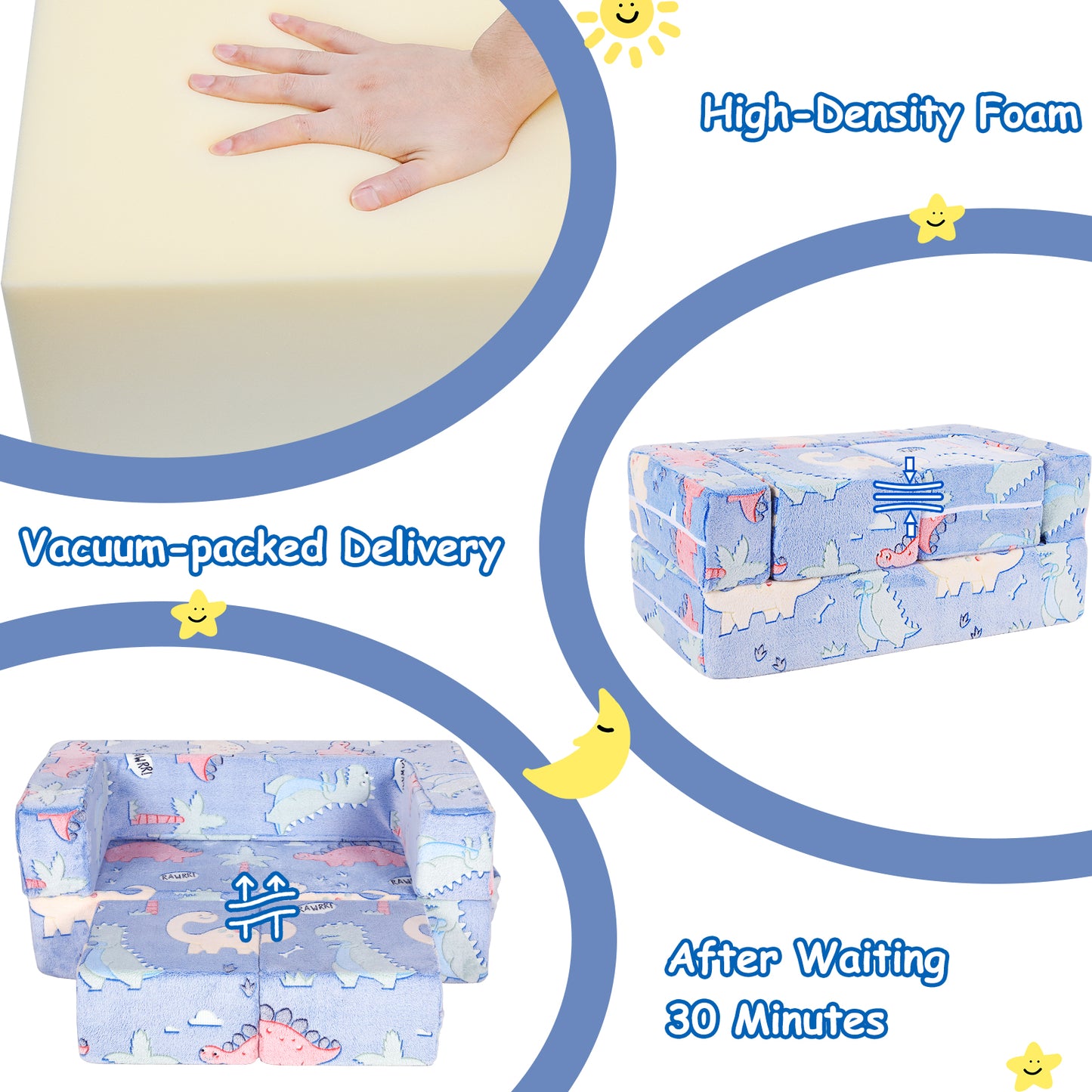LAZY BUDDY Kids and Toddler Play Sofa Couch Fold Out Plush Foam Chair with 2 Ottoman and Washable Cover Glow in Dark