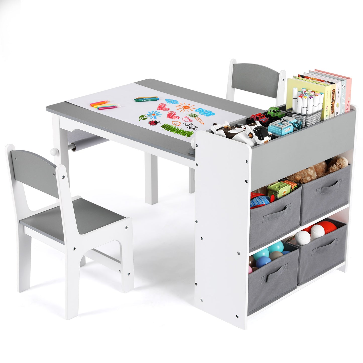 LAZY BUDDY Kids Table and 2 Chairs Set Wood with 4 Storage Shelves and Paper Roll Kids Activity and Study Table Furniture