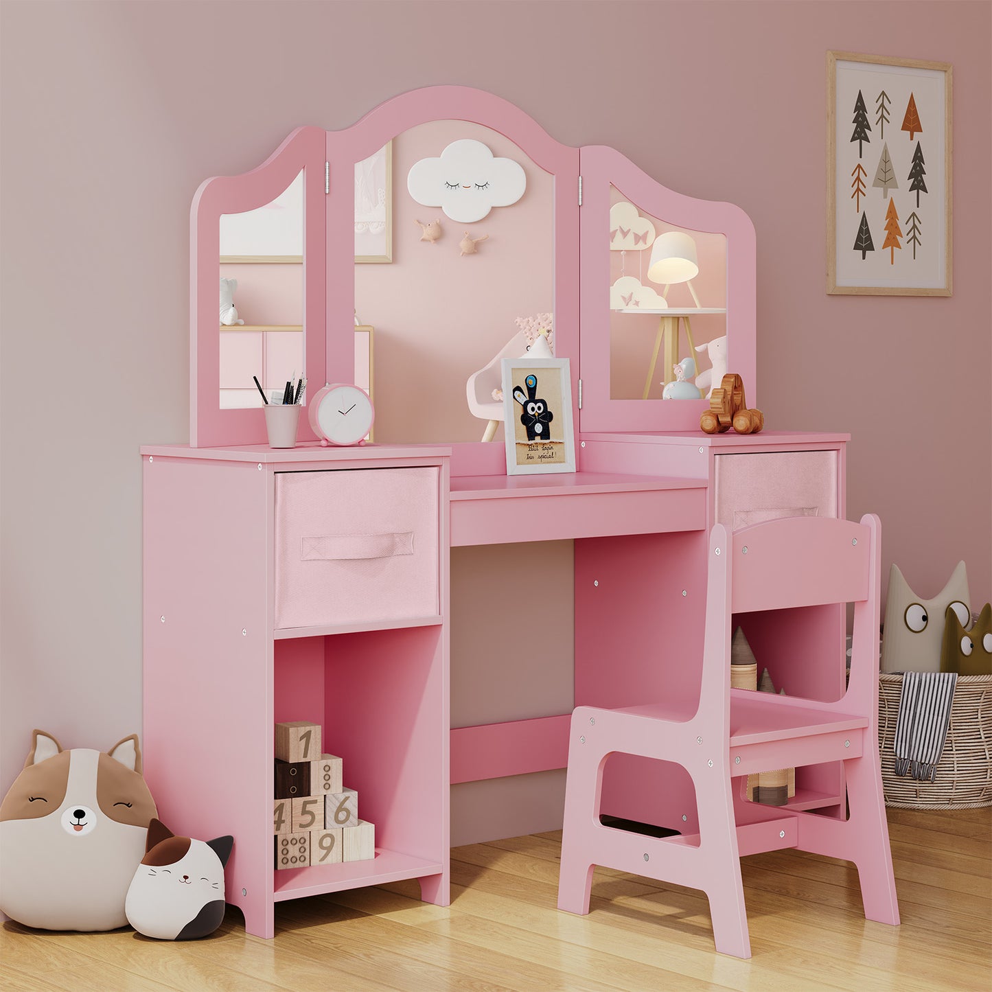 LAZY BUDDY Kids Vanity Set, 2 in 1 Princess Makeup Desk and Chair Set with Canvas Drawers Tri-Folding Detachable Mirror Large Storage Shelves, Wooden Dressing Table, Pretend Play Vanity Set
