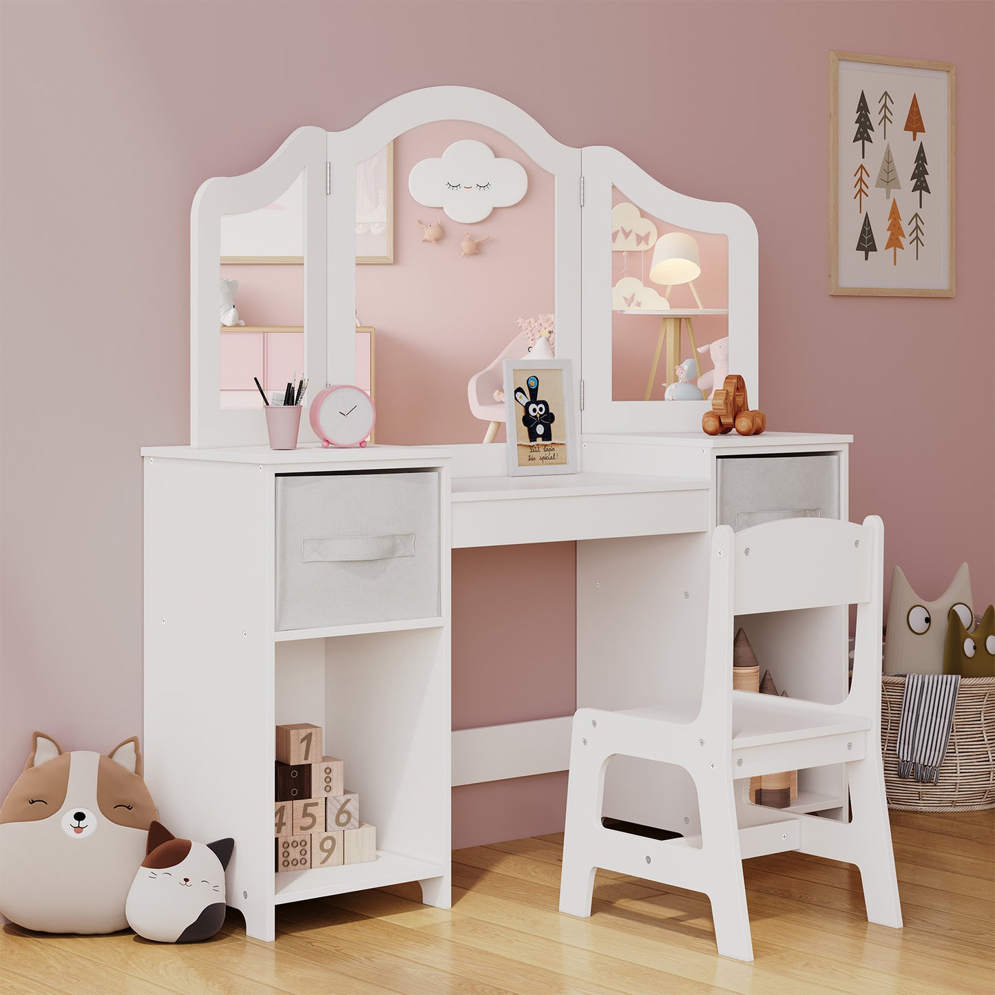 LAZY BUDDY Kids Vanity Set, 2 in 1 Princess Makeup Desk and Chair Set with Canvas Drawers Tri-Folding Detachable Mirror Large Storage Shelves, Wooden Dressing Table, Pretend Play Vanity Set
