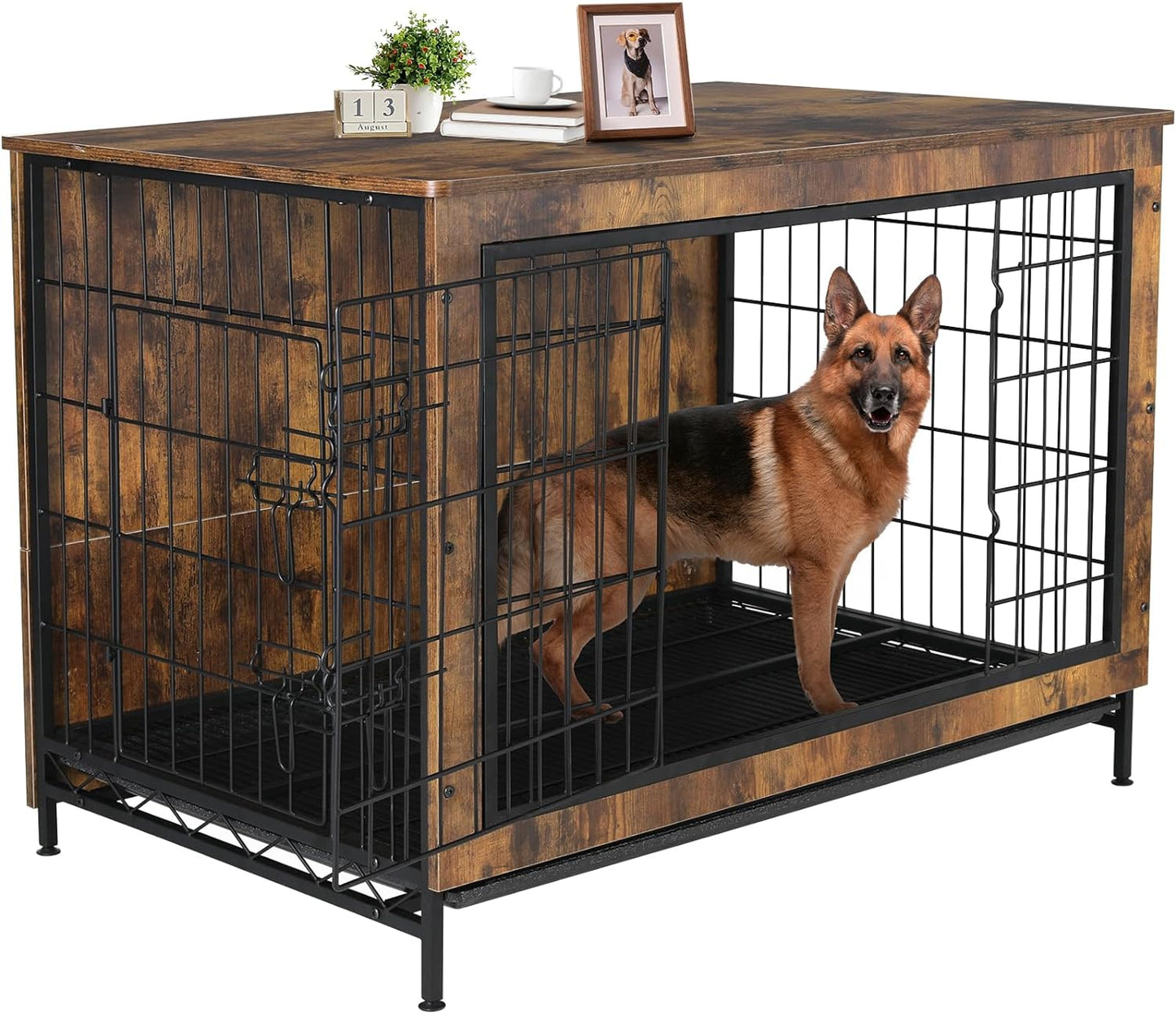 LAZY BUDDY Dog Crate Furniture for Small / Medium Dogs, Indoor Dog Kennel Side End Table Wooden Dog Cage with Removable Tray