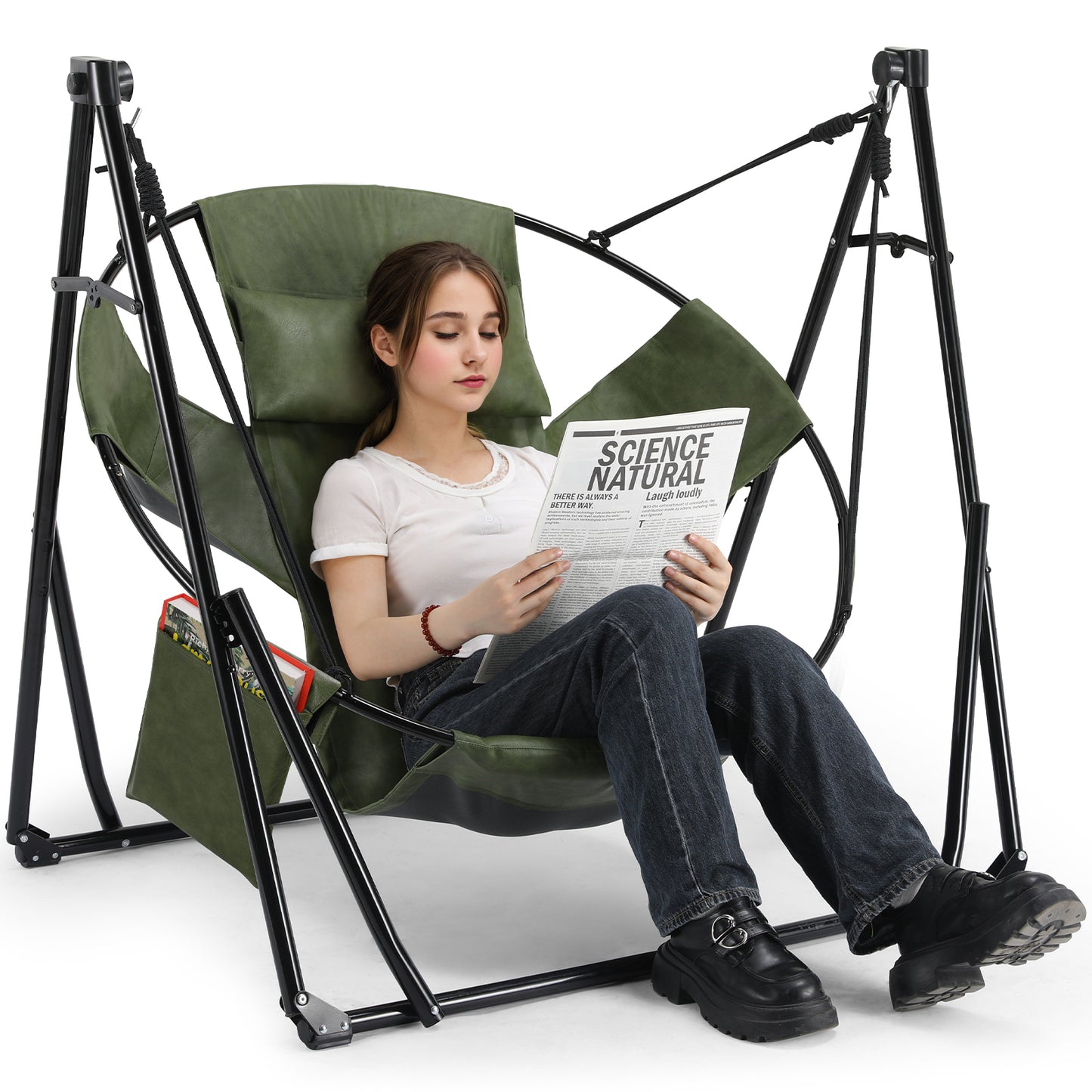 LAZY BUDDY 3 in 1 Hammock Stand, Outdoor Collapsible Swing Chair, w/Portable Foldable Heavy-Duty Steel Stand Holds up to 350 lbs, Carrying Bag, Thick Durable PU Easy Set Up for Porch,Patio,Garden,Camping