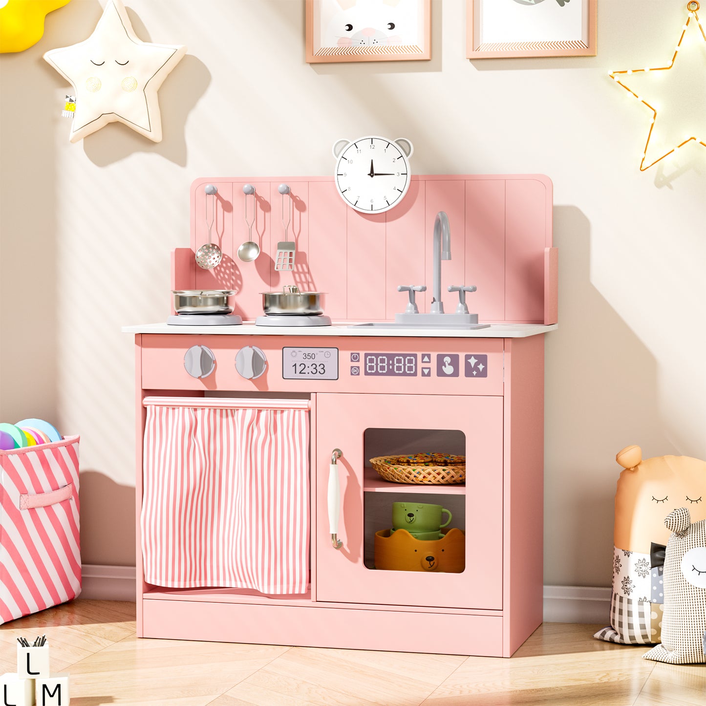 LAZY BUDDY Kids Play Kitchen, Wooden Kitchen Playset for Toddlers Interactive Pretend Play Toy with Clicking Knobs, Sink & Clock