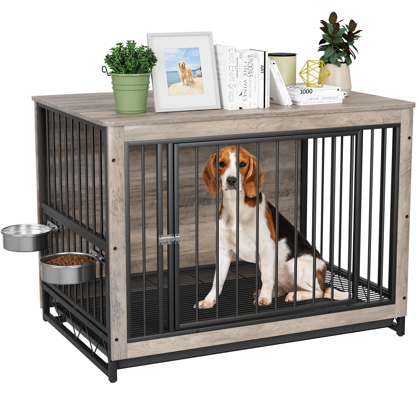 LAZY BUDDY Dog Crate, Wooden End Table Dog House with Bowls and Pull-Out Tray, Greige