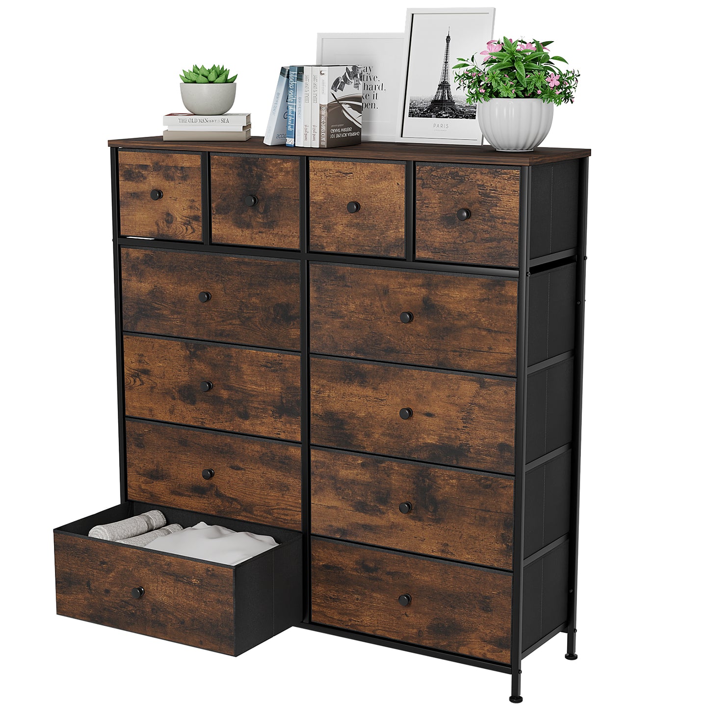 LAZY BUDDY Drawer Dresser, Fabric Storage Tower, 6-layer Tall Chest Organizer Unit, Rustic Brown