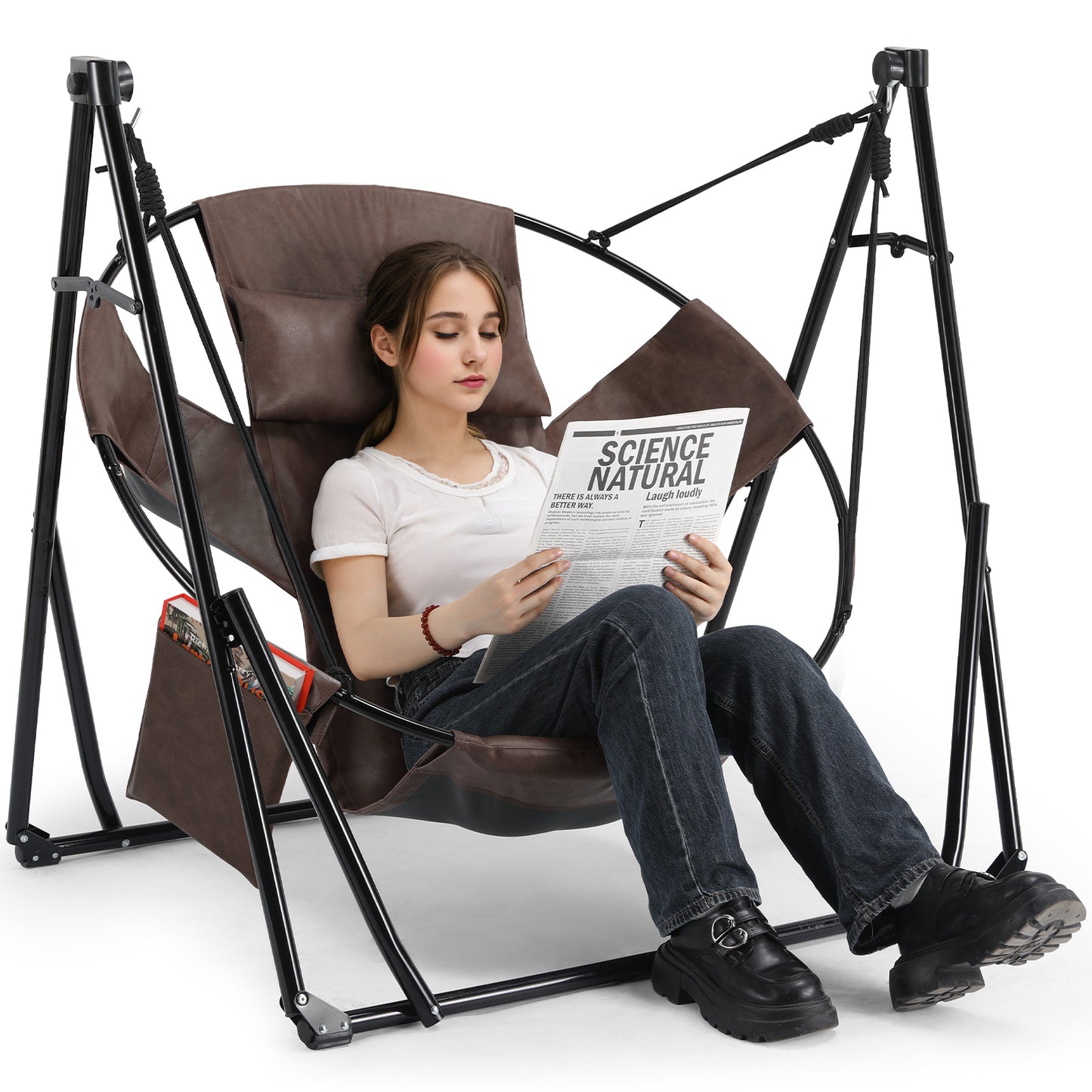 LAZY BUDDY 3 in 1 Hammock Stand, Outdoor Collapsible Swing Chair, w/Portable Foldable Heavy-Duty Steel Stand Holds up to 350 lbs, Carrying Bag, Thick Durable PU Easy Set Up for Porch,Patio,Garden,Camping