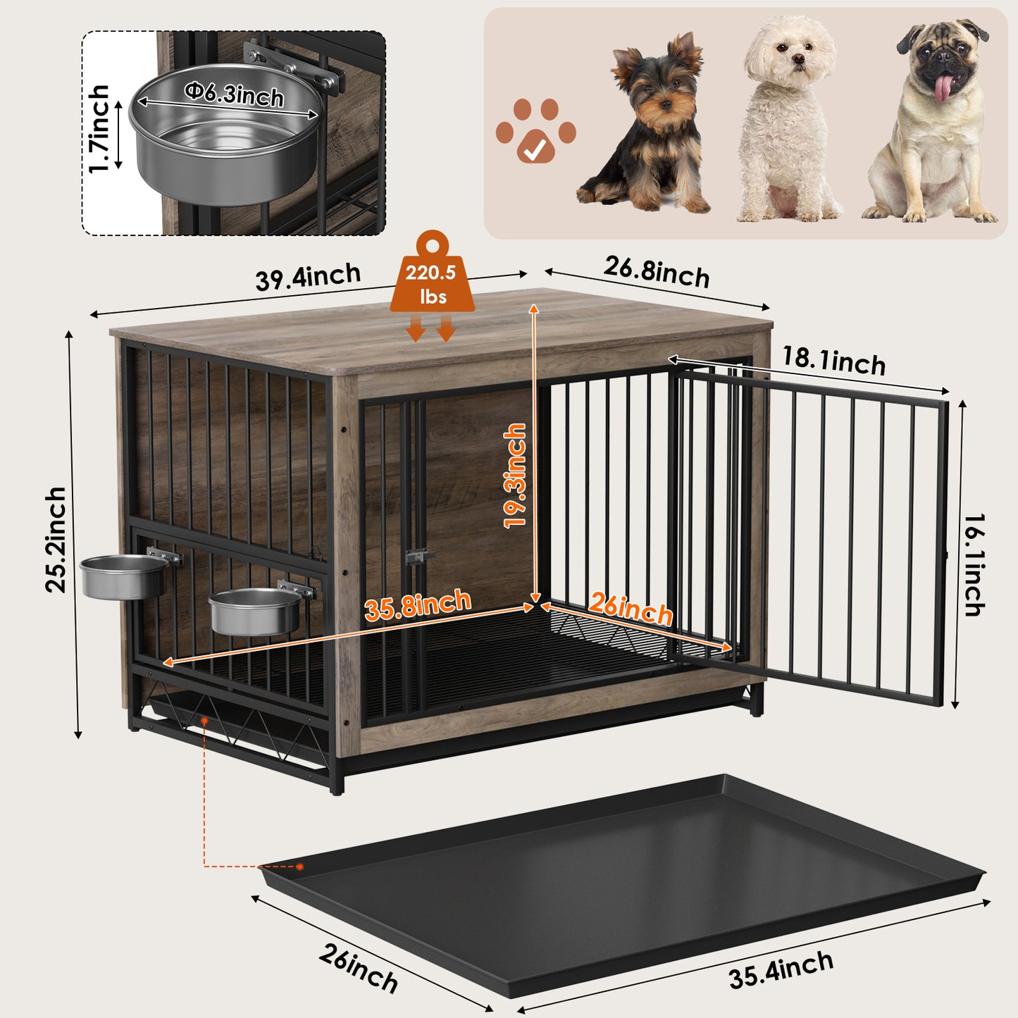 LAZY BUDDY Dog Crate, Wooden End Table Dog House with Bowls and Pull-Out Tray, Greige
