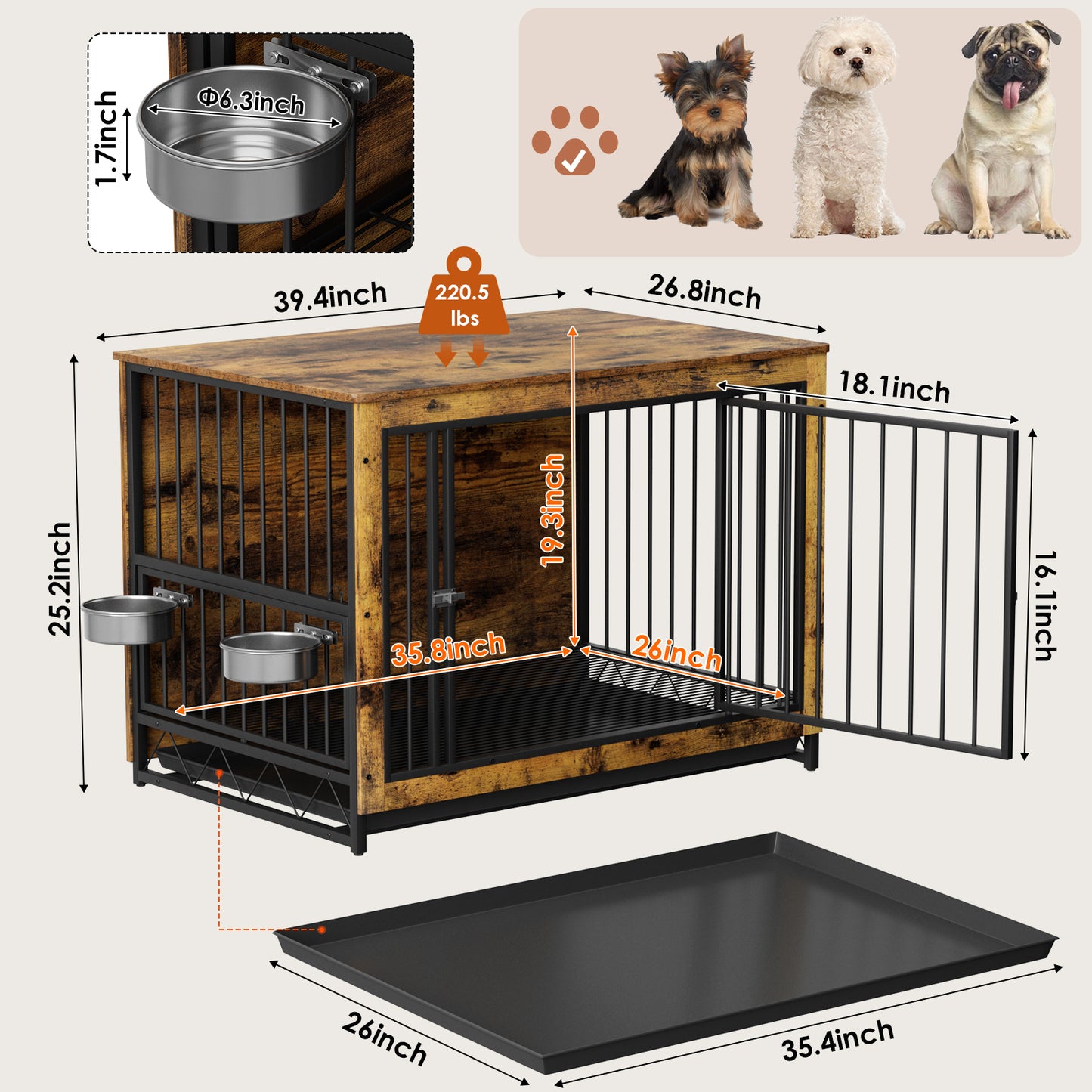 LAZY BUDDY Dog Crate Furniture with Bowls, Wooden Dog Crate End Table with Tray, Brown