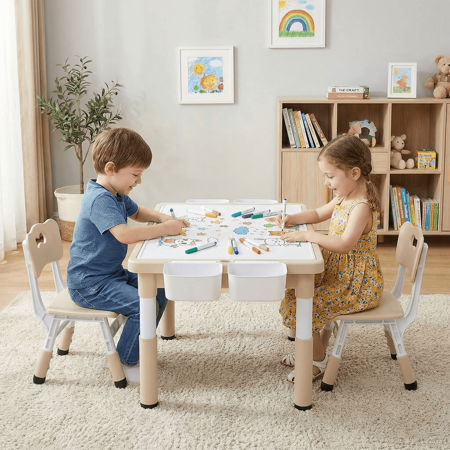 LAZY BUDDY Kids Table and Chairs Set with Storage Boxes, Height Adjustable Toddler Activity Table and 2 Chairs Set with Graffiti & Building Blocks Double-Sided Tabletop