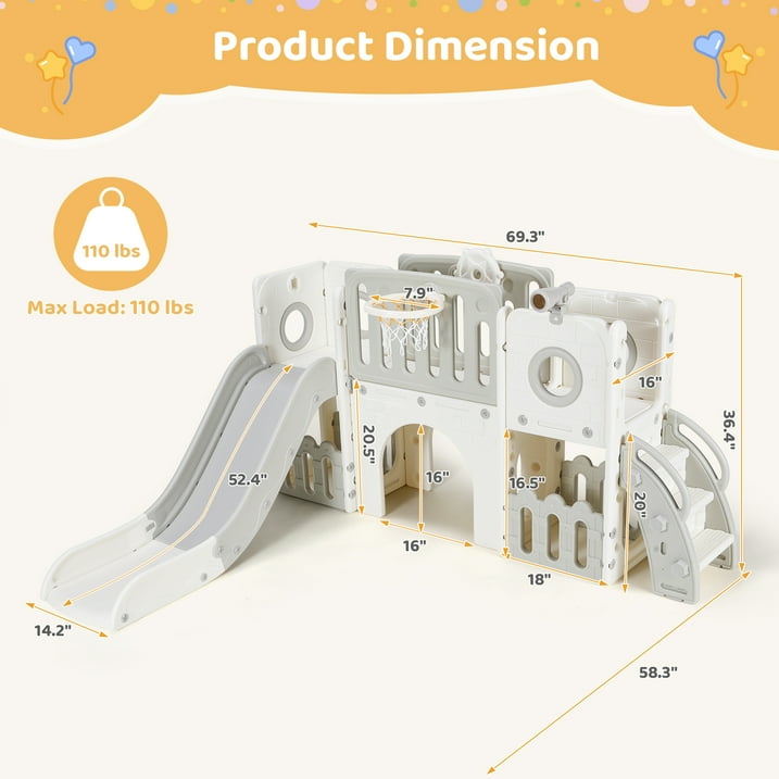 LAZY BUDDY Freestanding Toddler Slide, Kids Slide Climber Playset, Plastic Baby Slide with Basketball Hoop, Telescope, Tunnel, Storage Space, Anti-Slip Steps, Indoor Outdoor Playground for Ages 3+