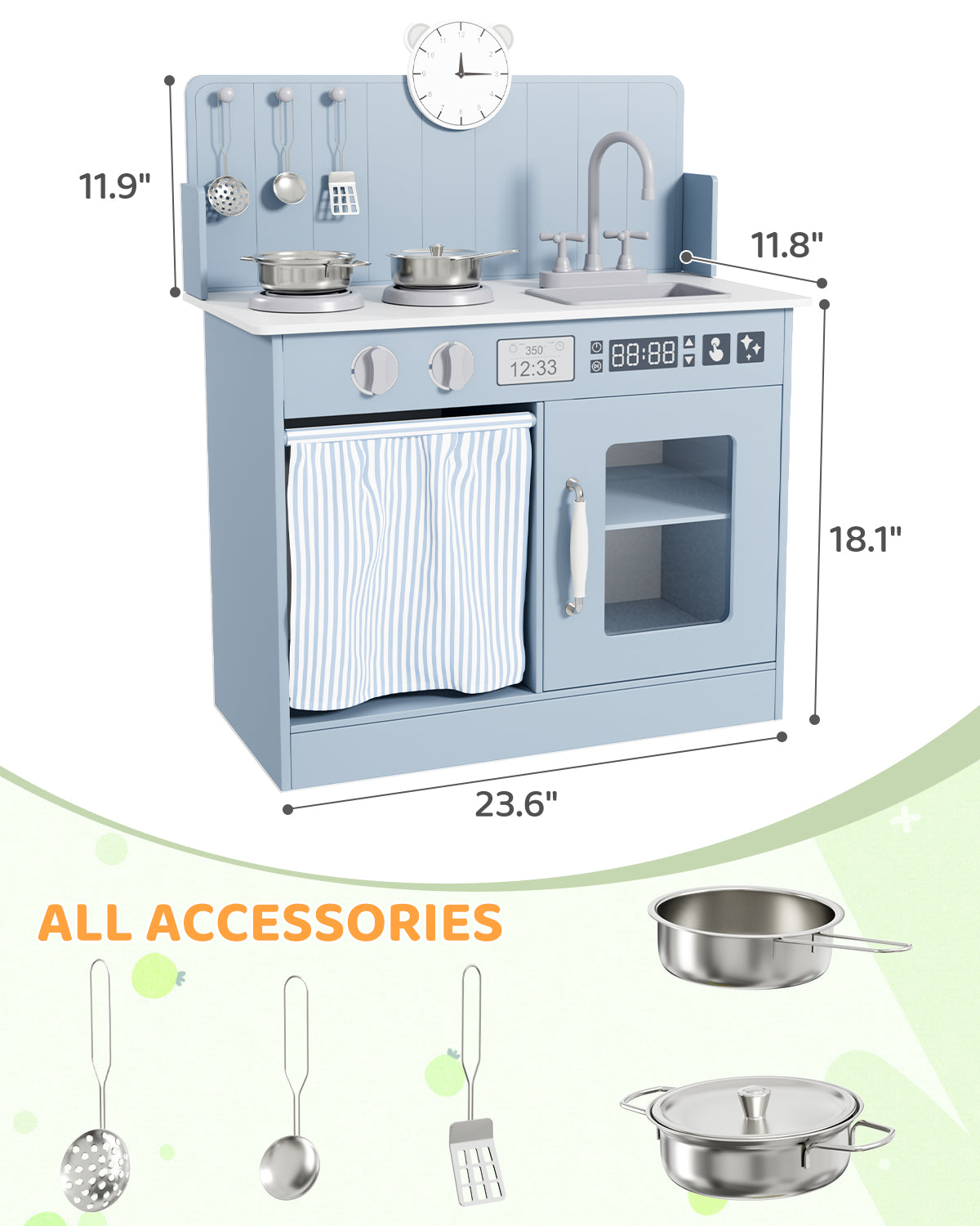 LAZY BUDDY Kids Play Kitchen, Wooden Kitchen Playset for Toddlers Interactive Pretend Play Toy with Clicking Knobs, Sink & Clock