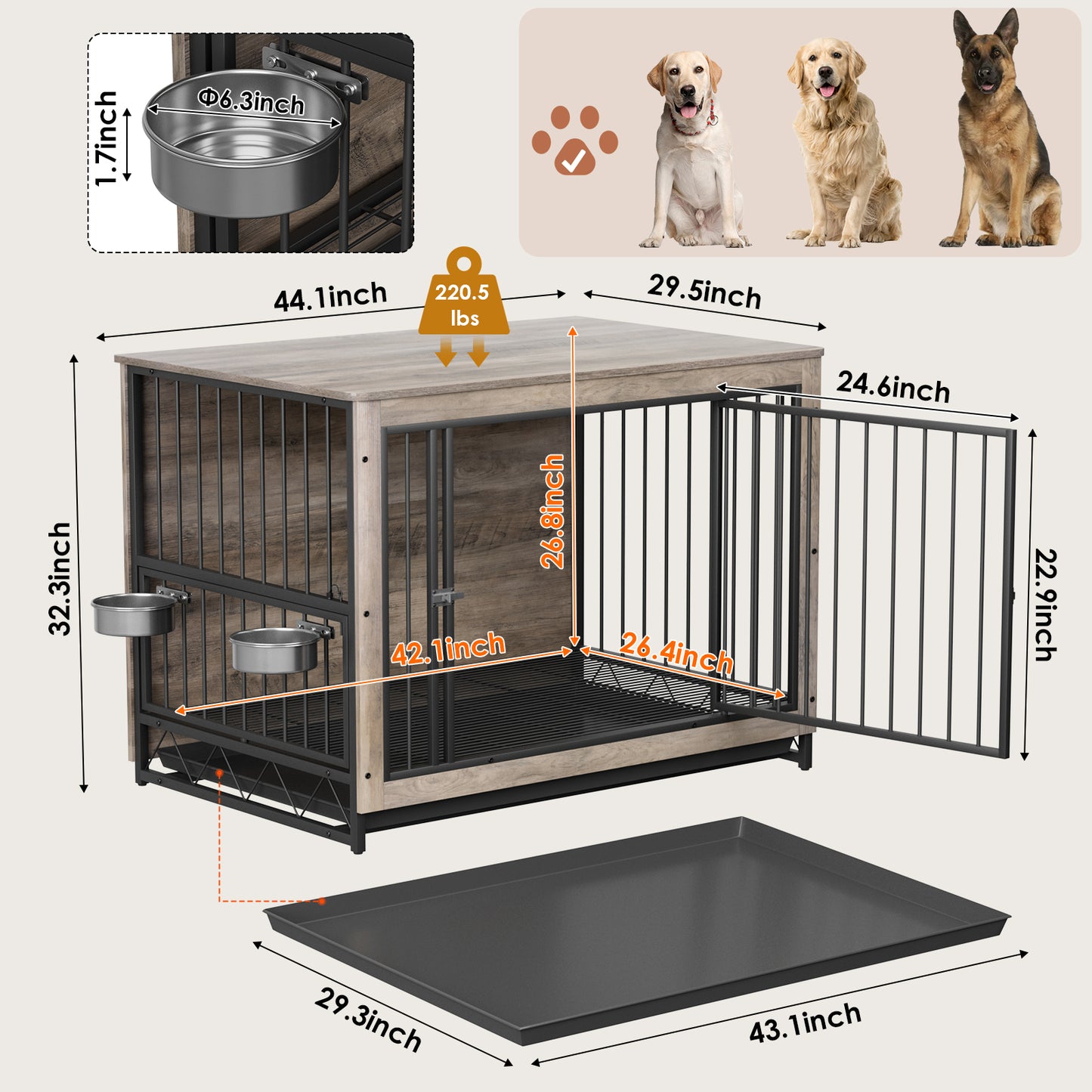 LAZY BUDDY Dog Crate, Wooden End Table Dog House with Bowls and Pull-Out Tray, Greige