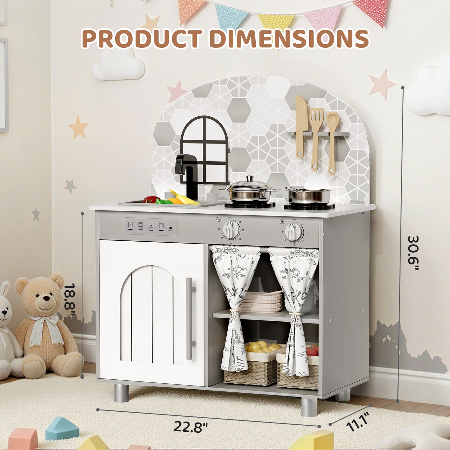 LAZY BUDDY Kids Kitchen Playset, Wooden Pretend Play Kitchen Toddler Interactive Toy with 5 Accessories