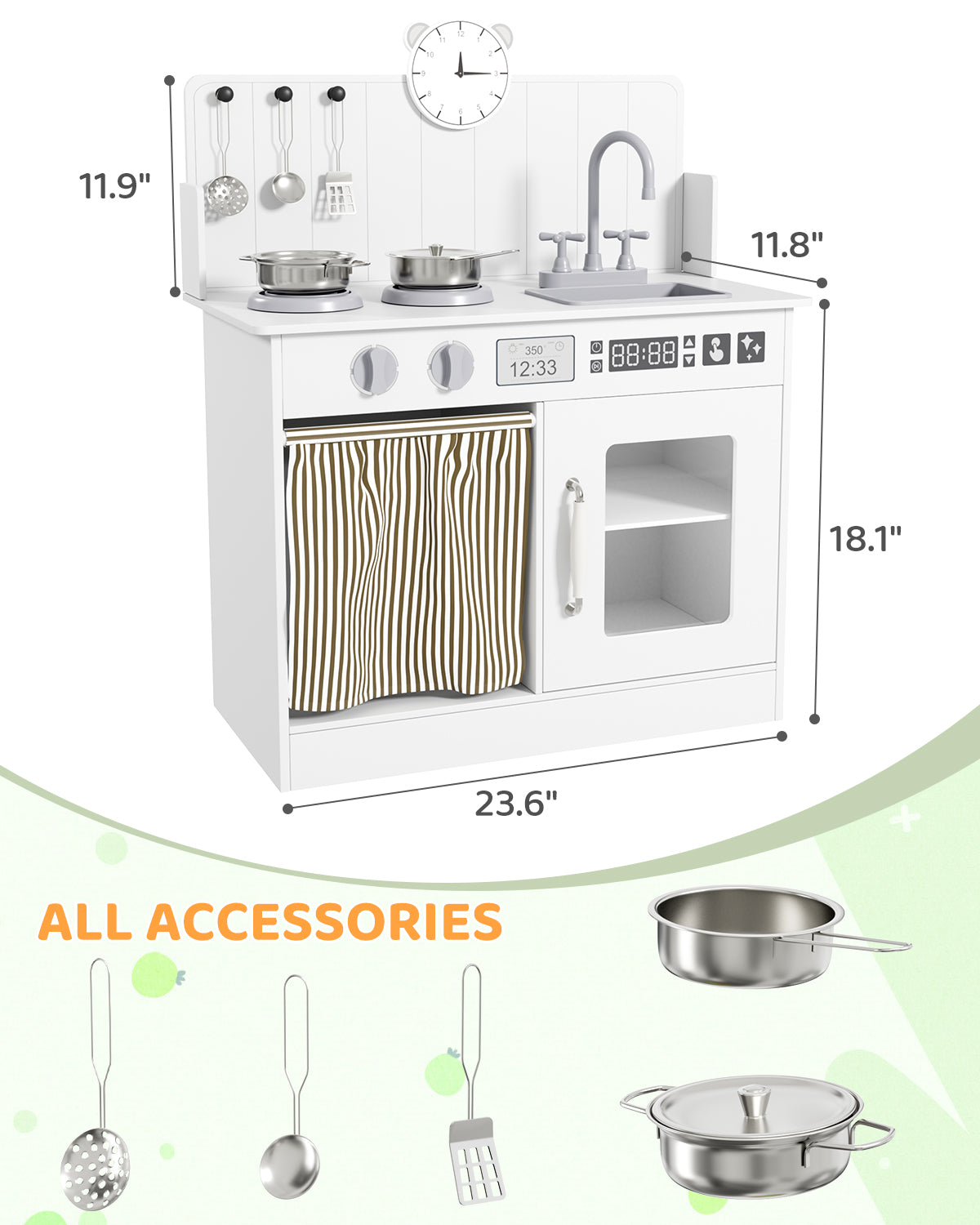 LAZY BUDDY Kids Play Kitchen, Wooden Kitchen Playset for Toddlers Interactive Pretend Play Toy with Clicking Knobs, Sink & Clock