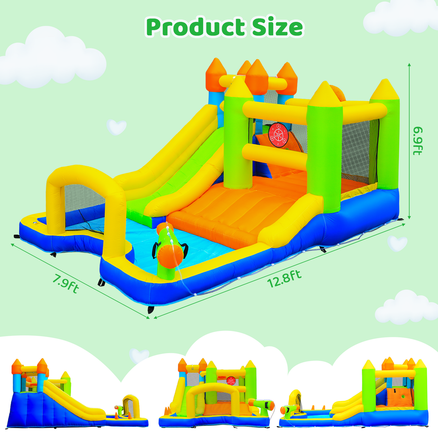 LAZY BUDDY Inflatable Water Slide Kids Bounce House with Splash Pool, Water Cannon, Climbing Wall, Blower & Basketball for Children Indoor / Outdoor Play