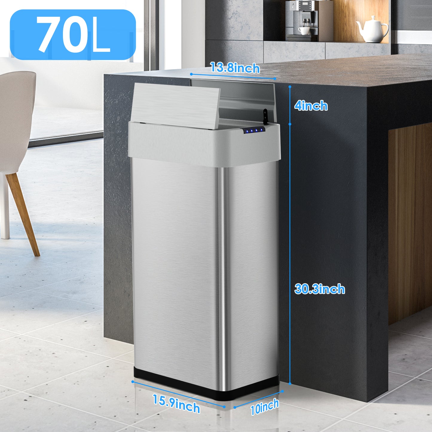 LAZY BUDDY 18.5/21.1 Gal Automatic Trash Can, Motion Sensor Garbage Bin W/ Soft-Close, Wings-Open Kitchen Trash Can for Living, Dining room, Kitchen, Silver Stainless Steel