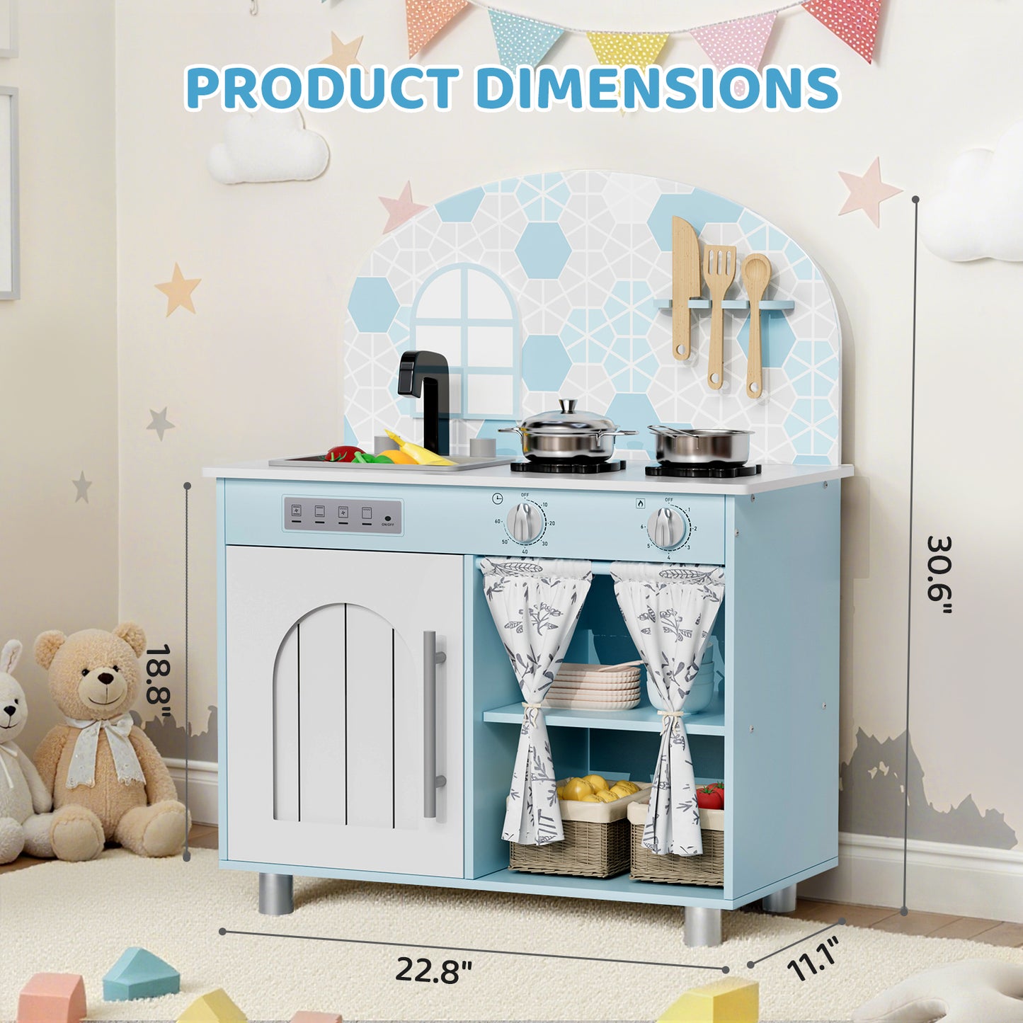 LAZY BUDDY Kids Kitchen Playset, Wooden Pretend Play Kitchen Toddler Interactive Toy with 5 Accessories