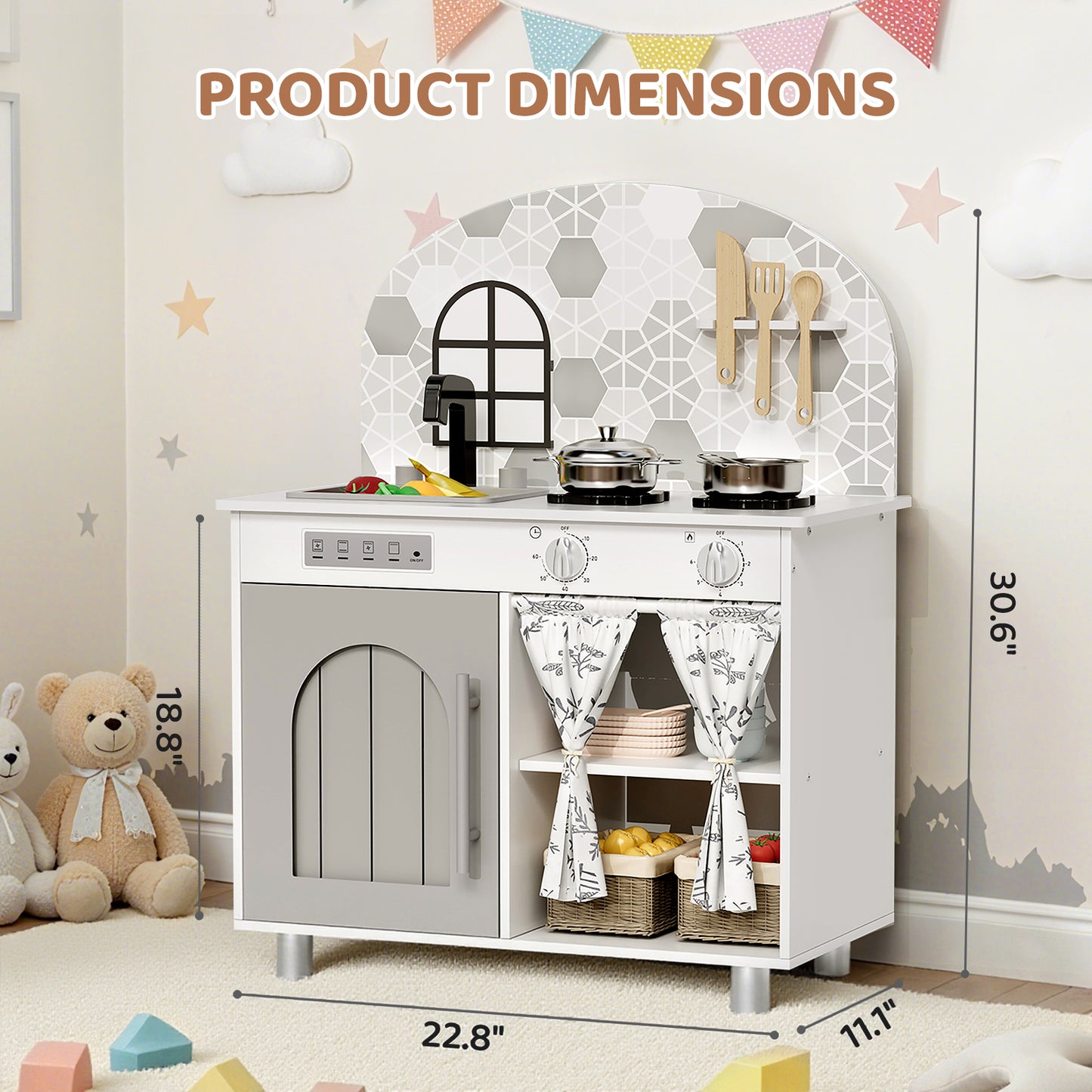 LAZY BUDDY Kids Kitchen Playset, Wooden Pretend Play Kitchen Toddler Interactive Toy with 5 Accessories