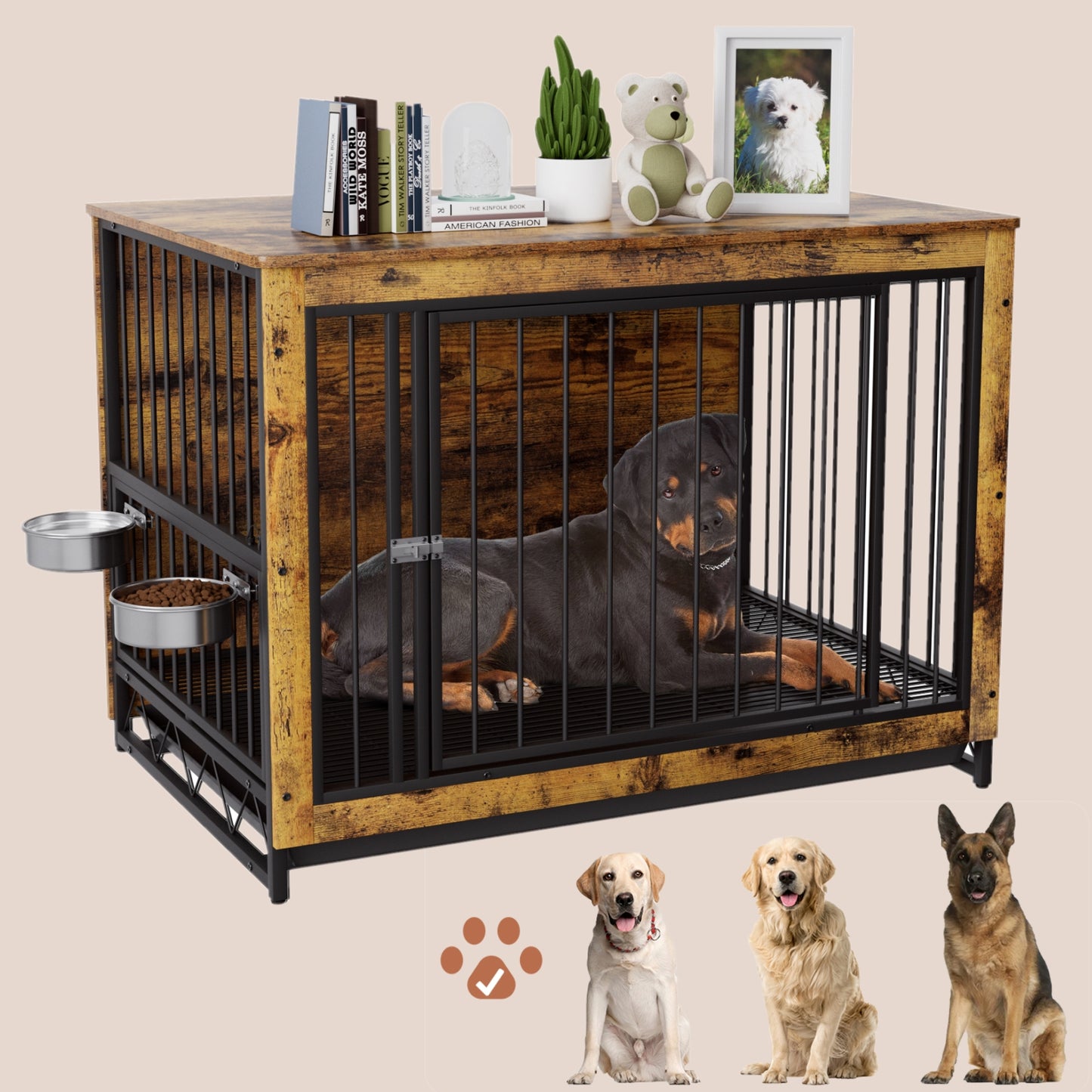 LAZY BUDDY Dog Crate Furniture with Bowls, Wooden Dog Crate End Table with Tray, Brown