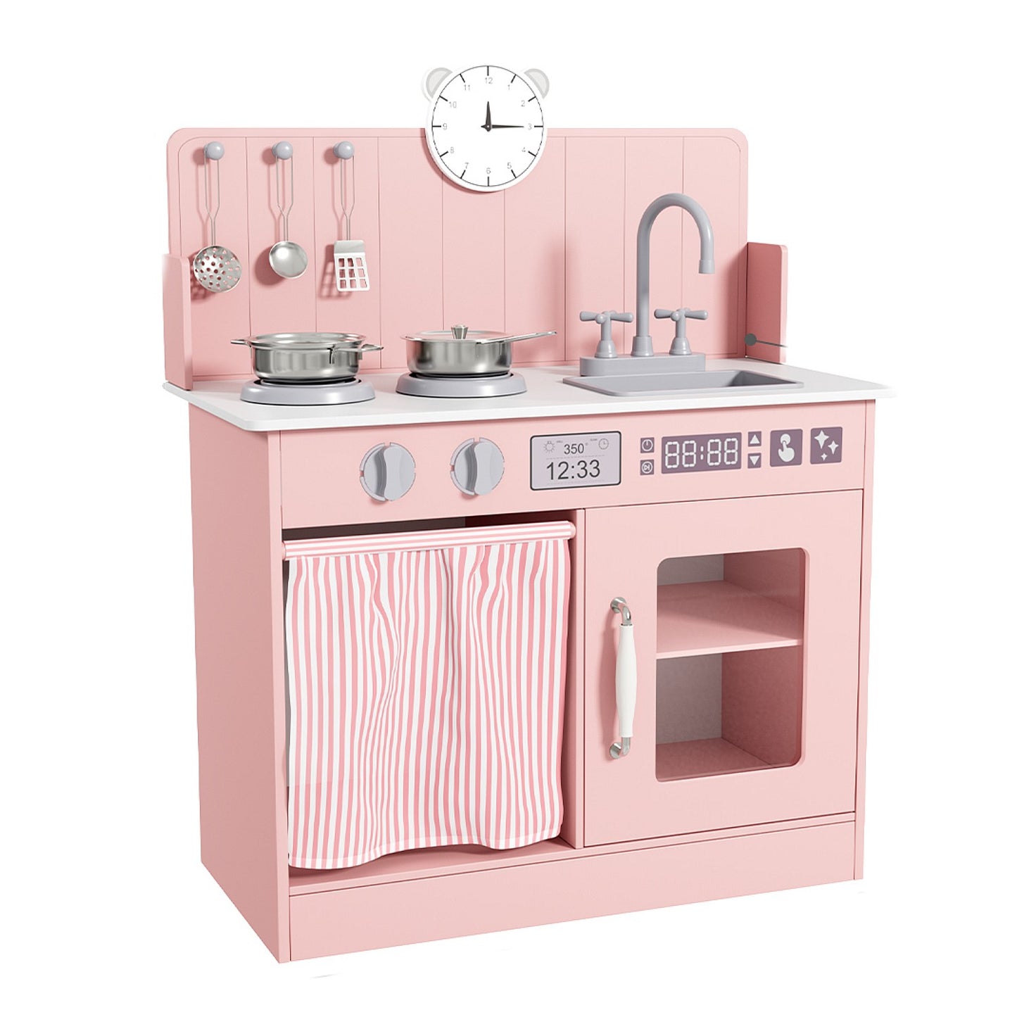 LAZY BUDDY Kids Play Kitchen, Wooden Kitchen Playset for Toddlers Interactive Pretend Play Toy with Clicking Knobs, Sink & Clock