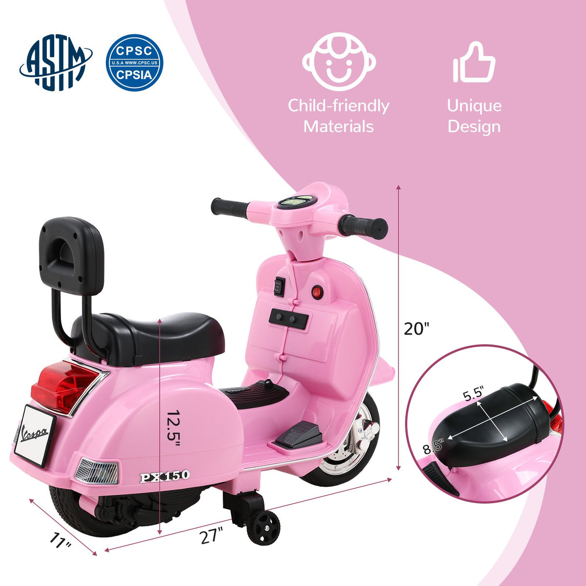 LAZY BUDDY Licensed Vespa Ride on Scooter, 6V Electric Motorcycle for Kids with Training Wheels, LED Headlight, Ride on Toy Gift for 3+