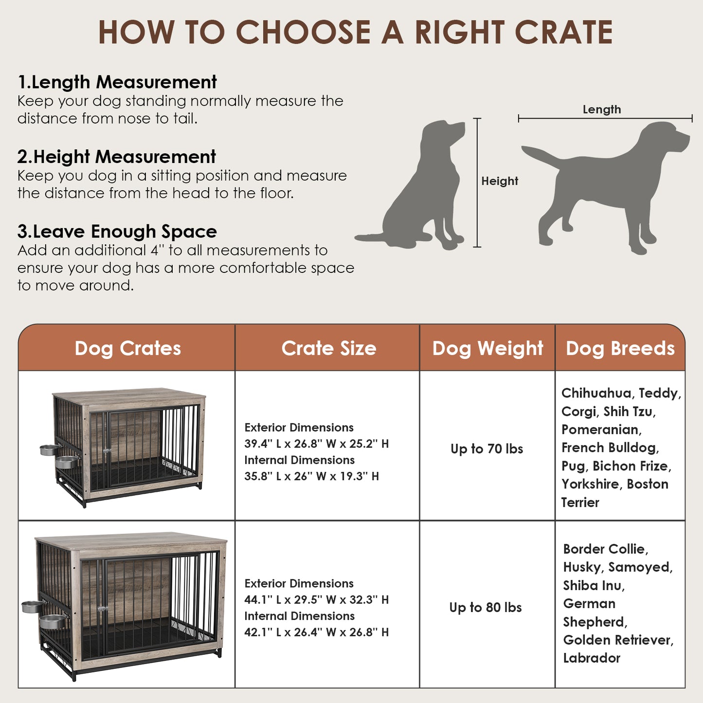 LAZY BUDDY Dog Crate, Wooden End Table Dog House with Bowls and Pull-Out Tray, Greige