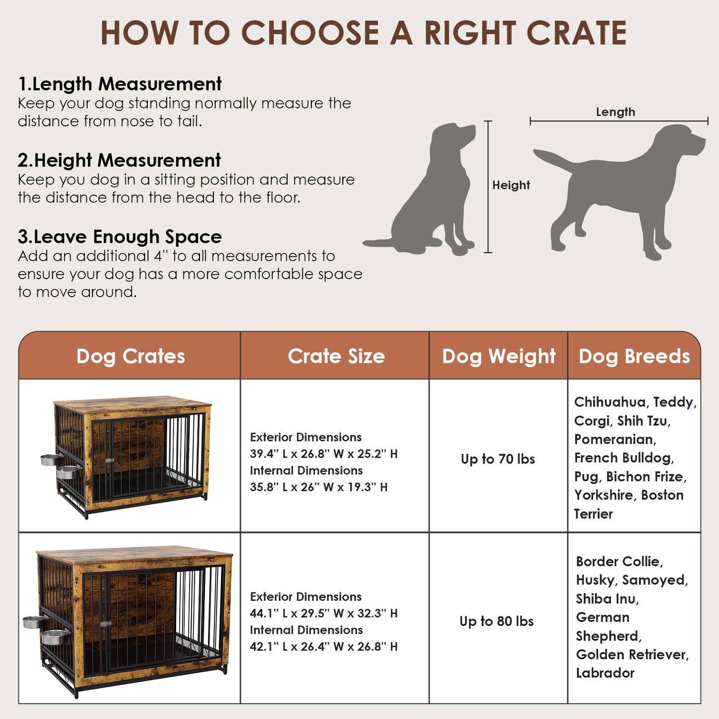 LAZY BUDDY Dog Crate Furniture with Bowls, Wooden Dog Crate End Table with Tray, Brown
