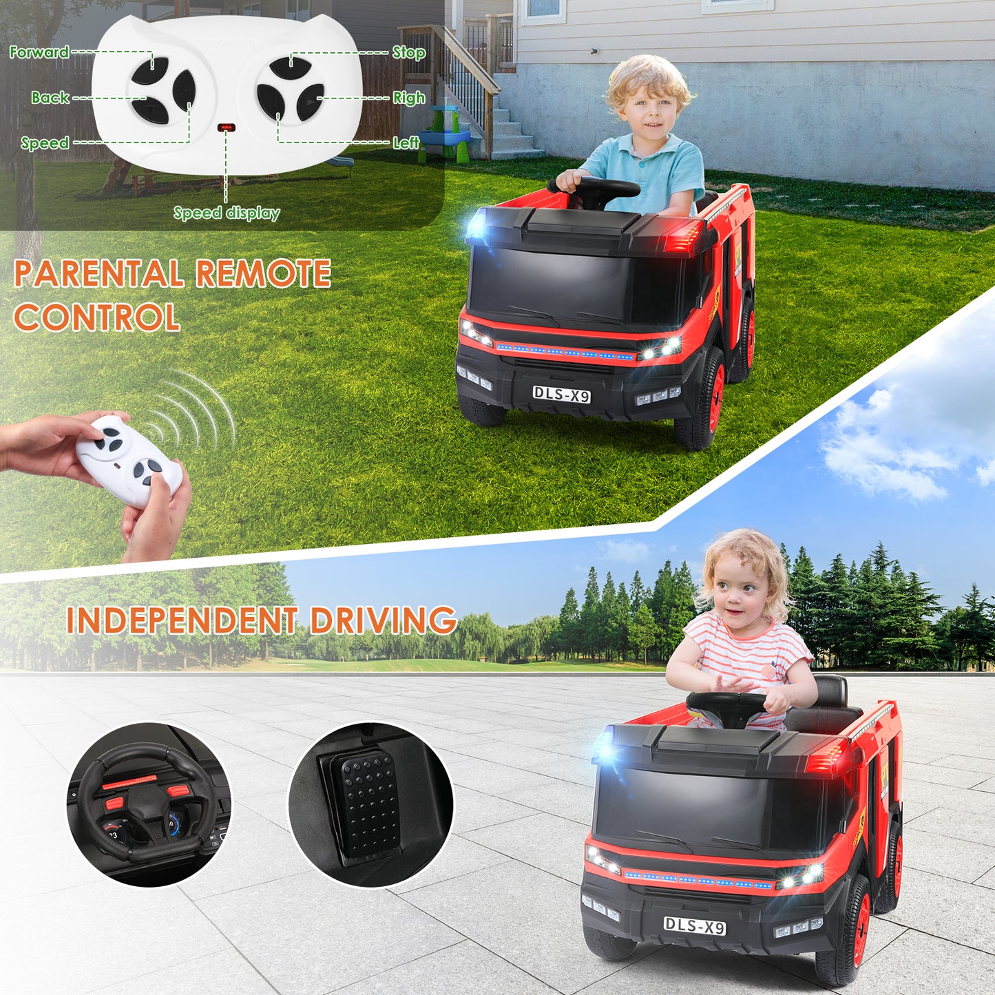 Lazy Buddy Kids Ride On Car 12V Electric Powered Red Fire Truck Toy w/ Remote Control, LED Lights, Siren for Toddler 3+