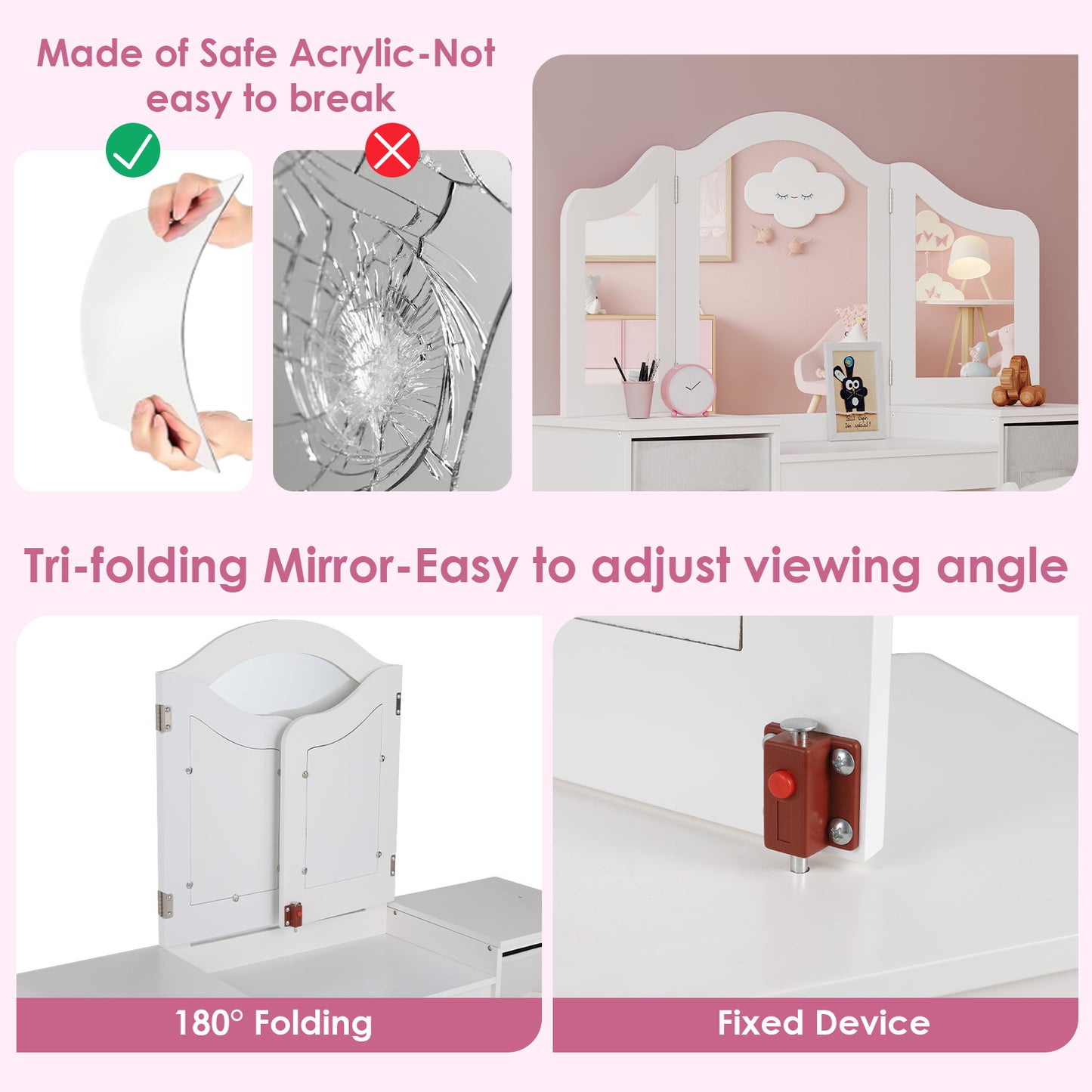 LAZY BUDDY Kids Vanity Set, 2 in 1 Princess Makeup Desk and Chair Set with Canvas Drawers Tri-Folding Detachable Mirror Large Storage Shelves, Wooden Dressing Table, Pretend Play Vanity Set